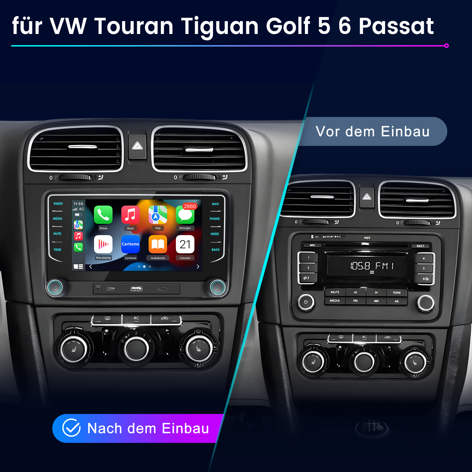 Vergleich zweier VW-Autoradios: links mit modernem Touchscreen, rechts mit Standardradio.