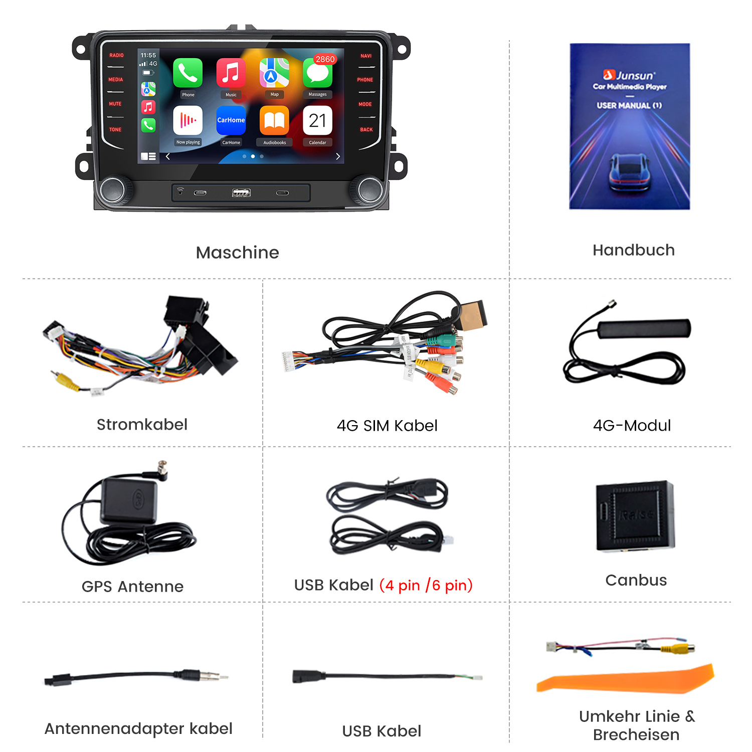 Das Bild zeigt ein Auto-Multimedia-System mit Zubehör: Maschinenträger, Handbuch, Stromkabel, 4G-SIM-Kabel, 4G-Modul, GPS-Antenne, USB-Kabel, Canbus, Antennenadapter und Umkehrlinie.