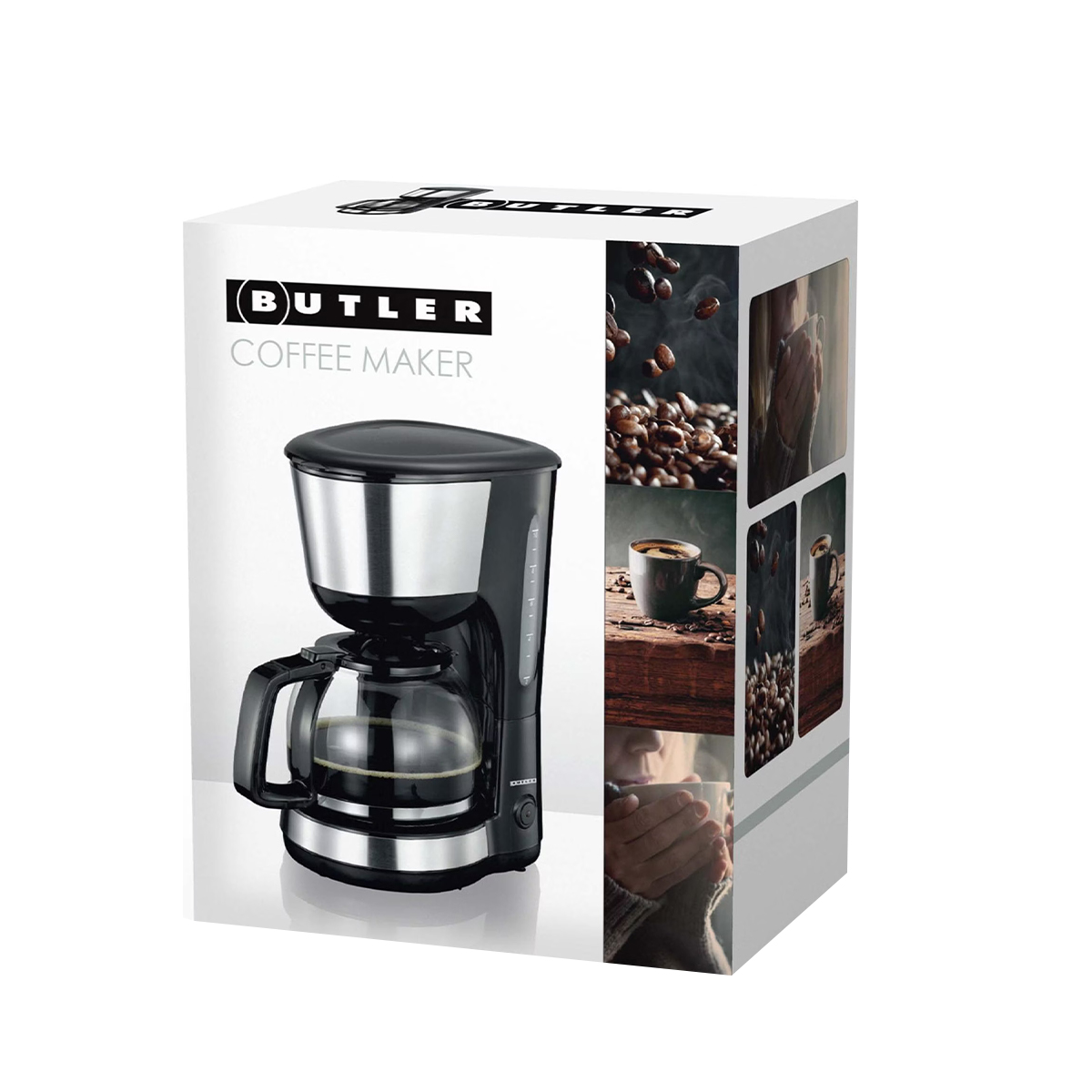 Butler Kaffeemaschine mit Glaskanne und schwarzem Gehäuse, daneben Bilder von Kaffeebohnen und Tassen.