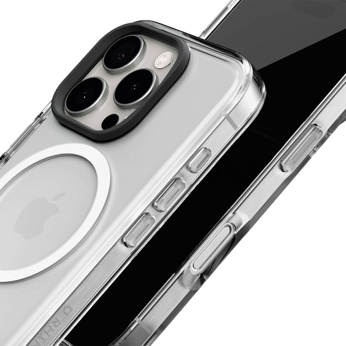 Une coque de téléphone transparente avec bloc caméra et logo Apple.