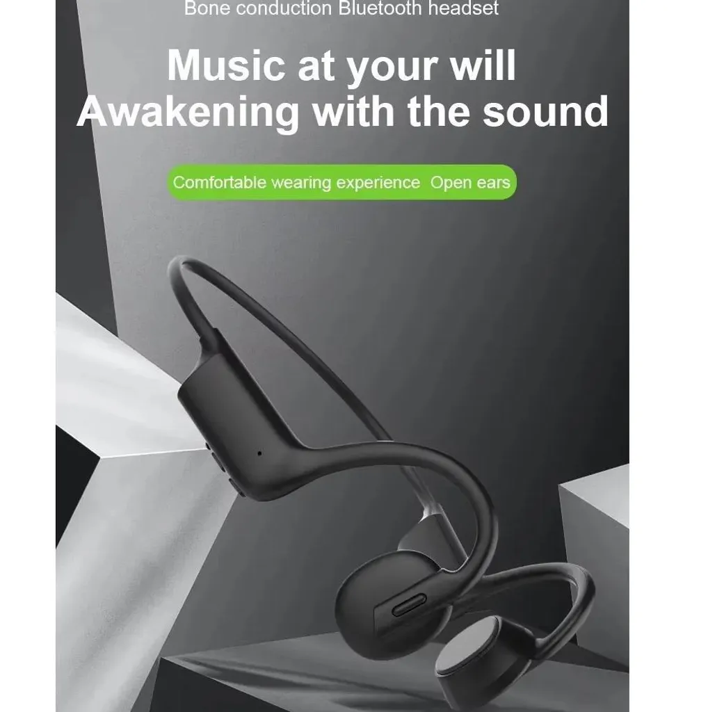 Schwarzes Knochenschall-Bluetooth-Headset mit Text. Komfortables Tragen.