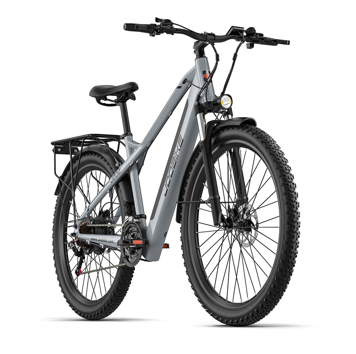 Graues E-Bike mit breiten Reifen, Gepäckträger und Scheinwerfer.