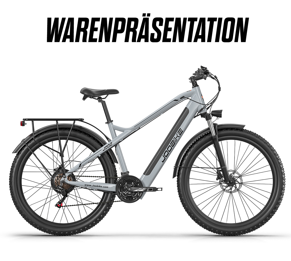 Graues E-Bike mit Gepäckträger und breiten Reifen, Logo JOO BIKE.