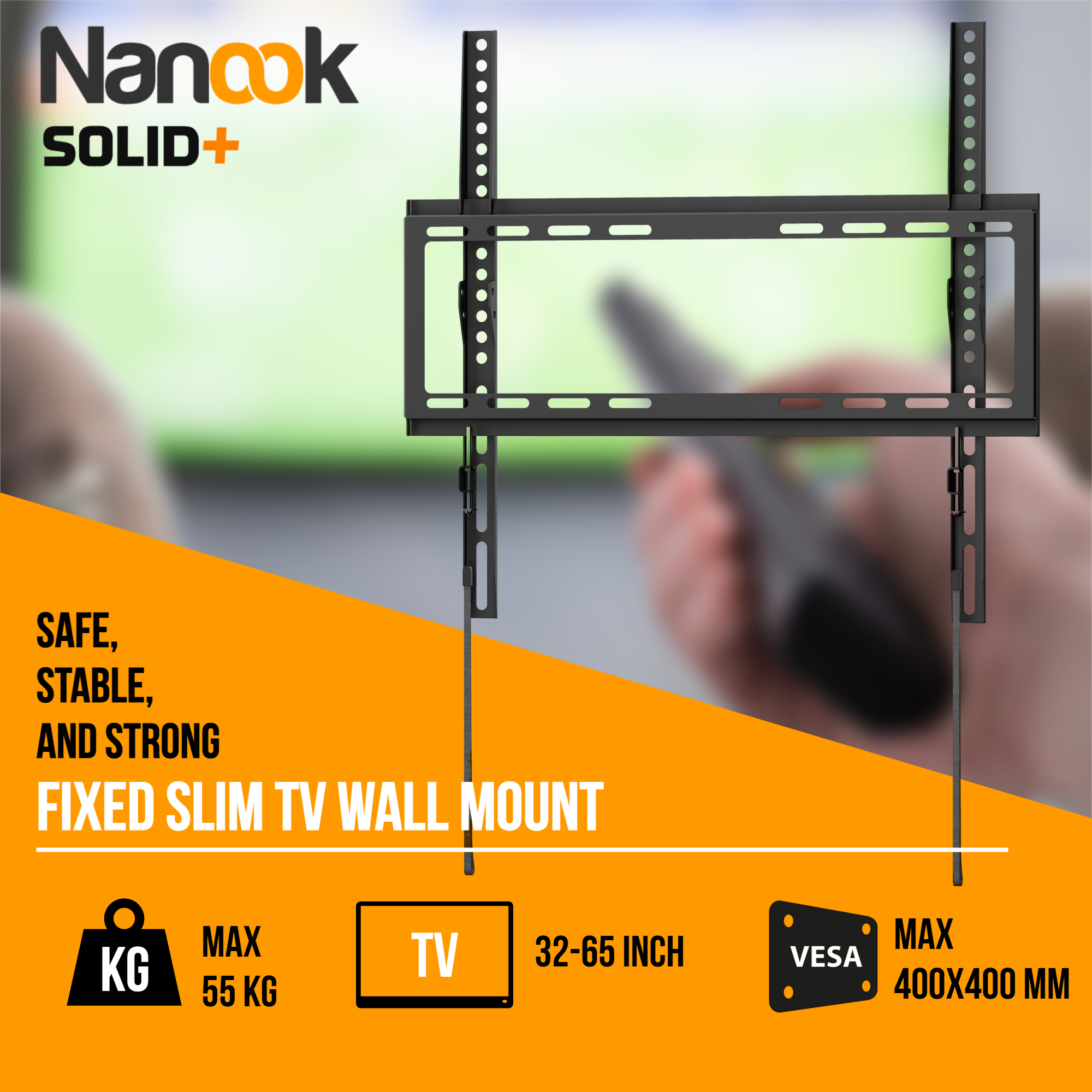 Czarny uchwyt ścienny do telewizora, VESA 400x400mm, max 55kg.