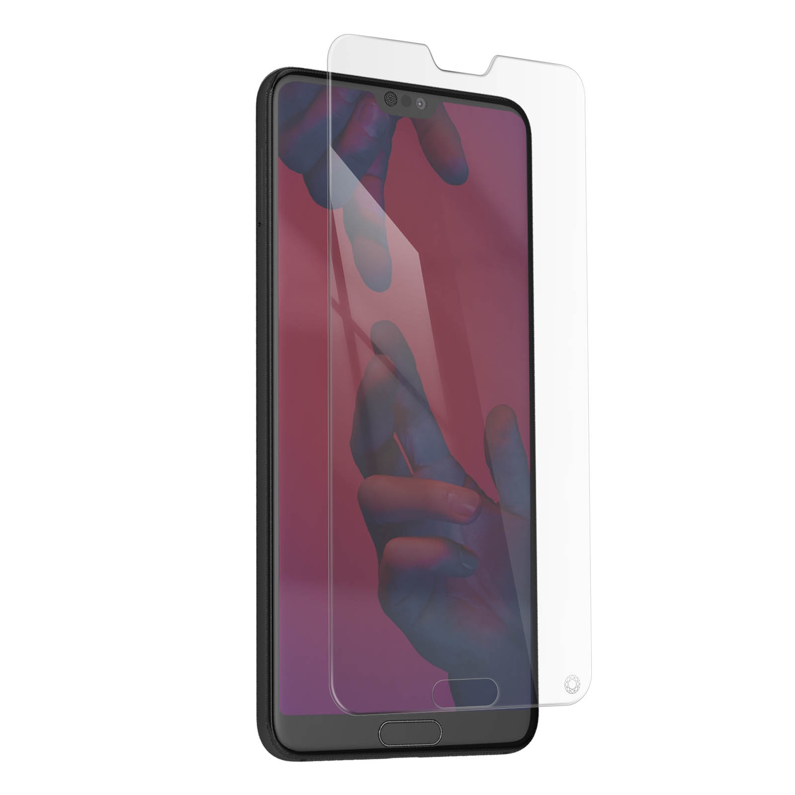 Un smartphone avec un protecteur d'écran partiellement appliqué.