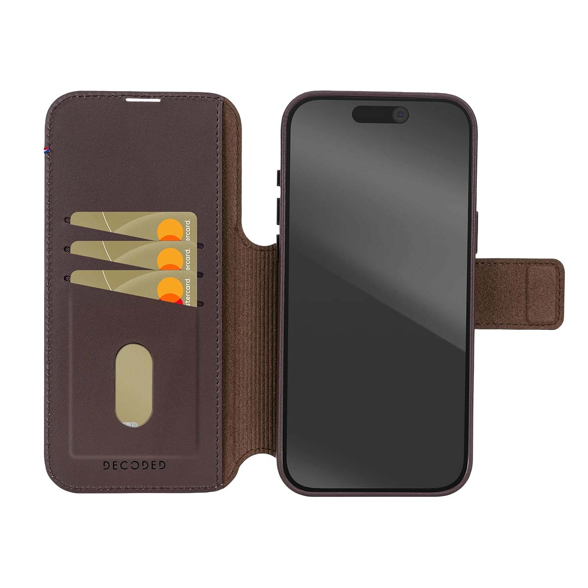 Braune Leder-Wallet-Hülle mit iPhone, drei Kreditkarten und einem transparenten Fenster.