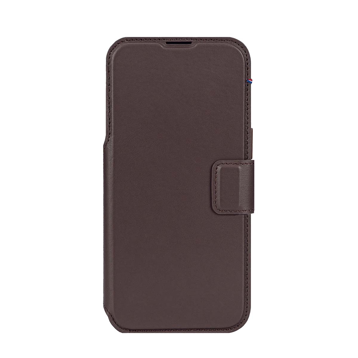 Dunkelbraunes Leder-Flipcase für ein Smartphone, mit magnetischem Verschluss.