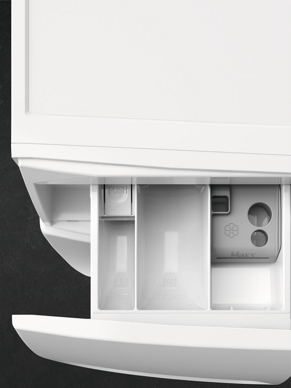Cassetto bianco con tre scomparti per detersivo e ammorbidente.