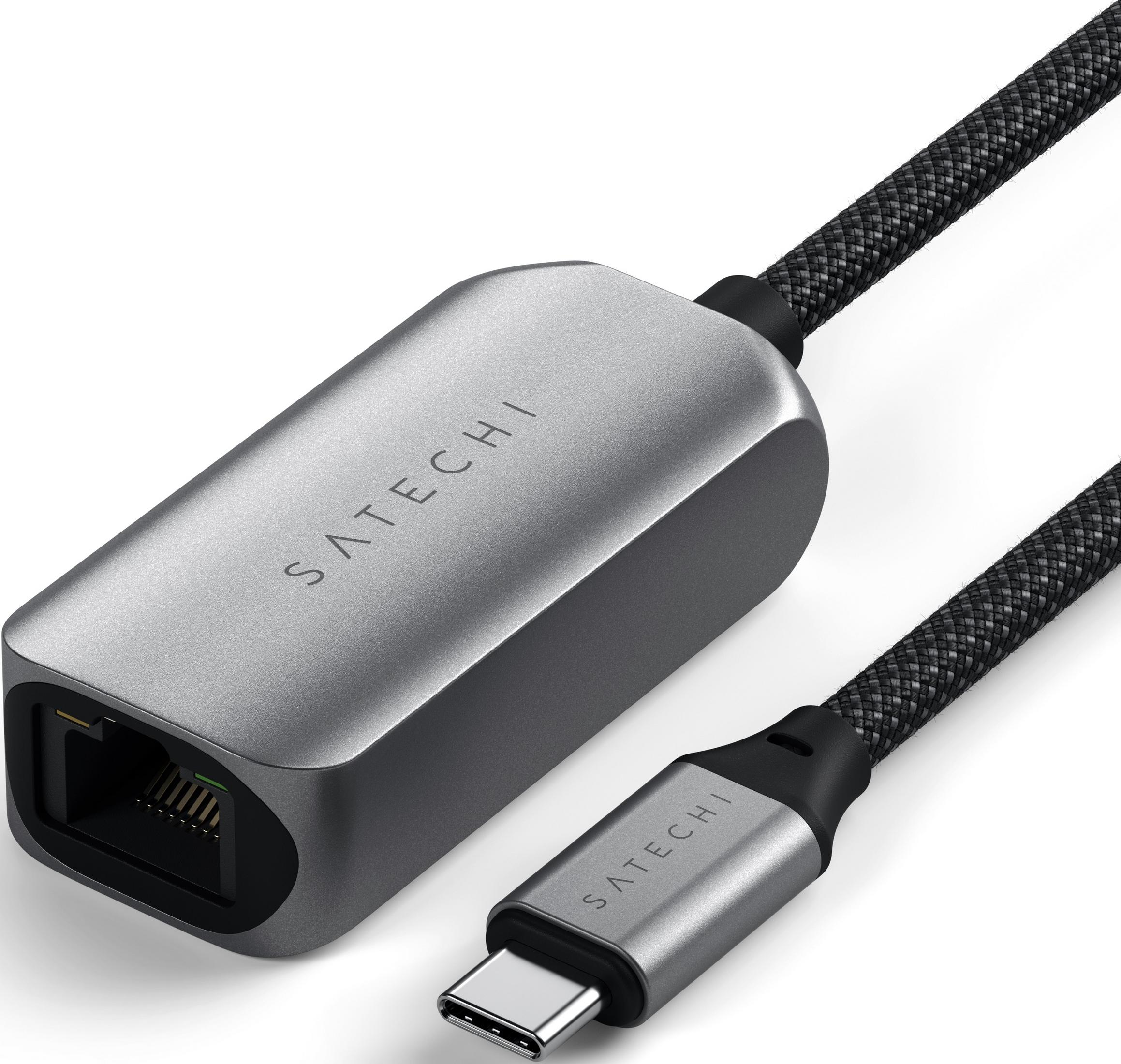 Adattatore USB-C a Ethernet argentato con cavo nero e porta RJ45.