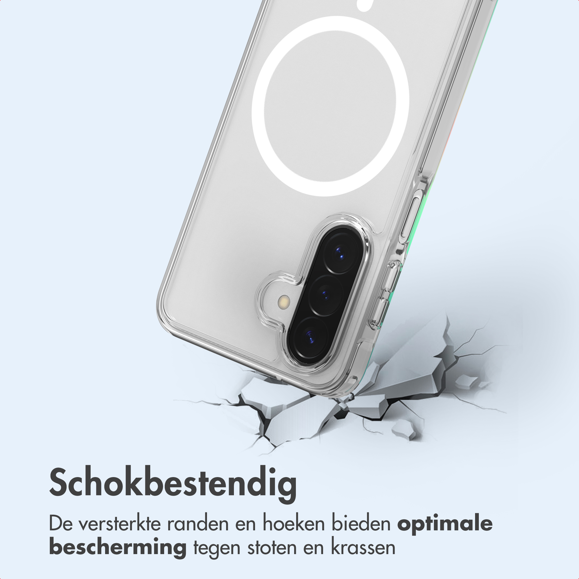 Transparente Handyhülle mit Magnetring fällt auf zerbrochenen Boden.