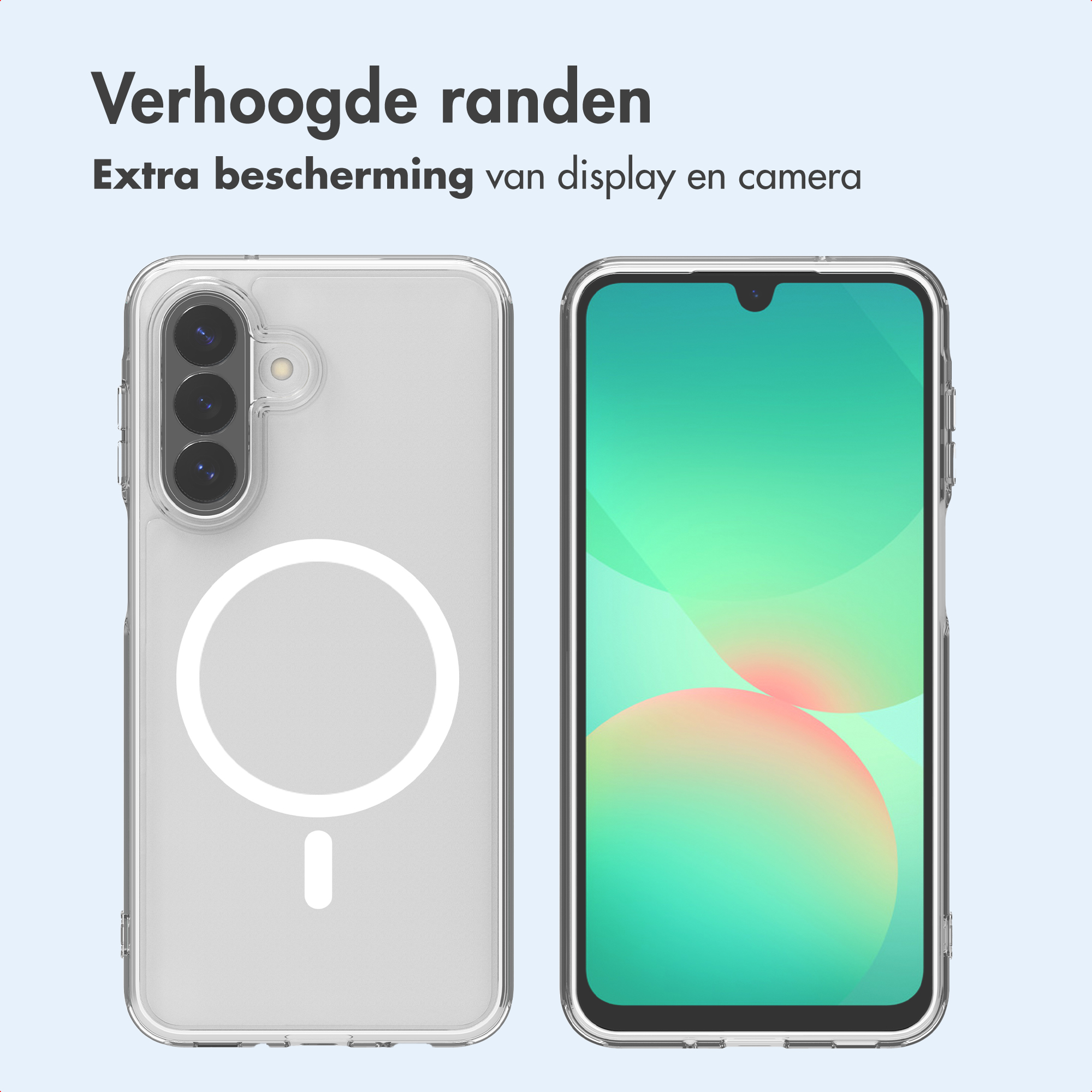 Transparente Handyhülle mit erhöhten Rändern und MagSafe-Ring. Links Rückseite, rechts Vorderseite.