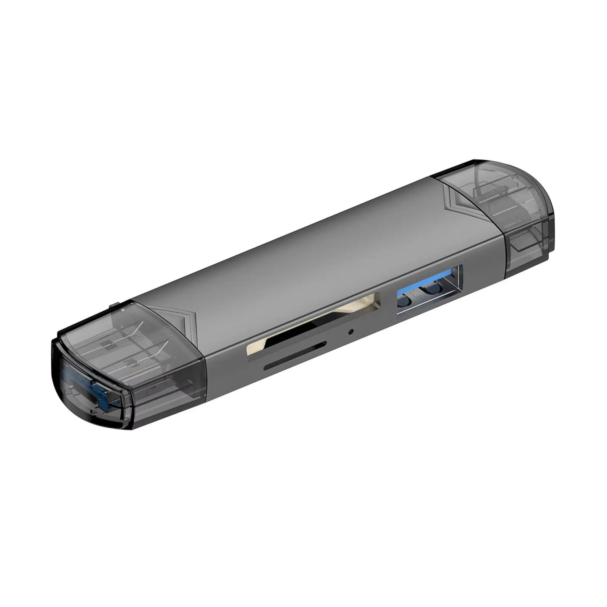 Grauer USB-C-Hub mit zwei USB-A-Anschlüssen und SD/TF-Kartensteckplätzen.