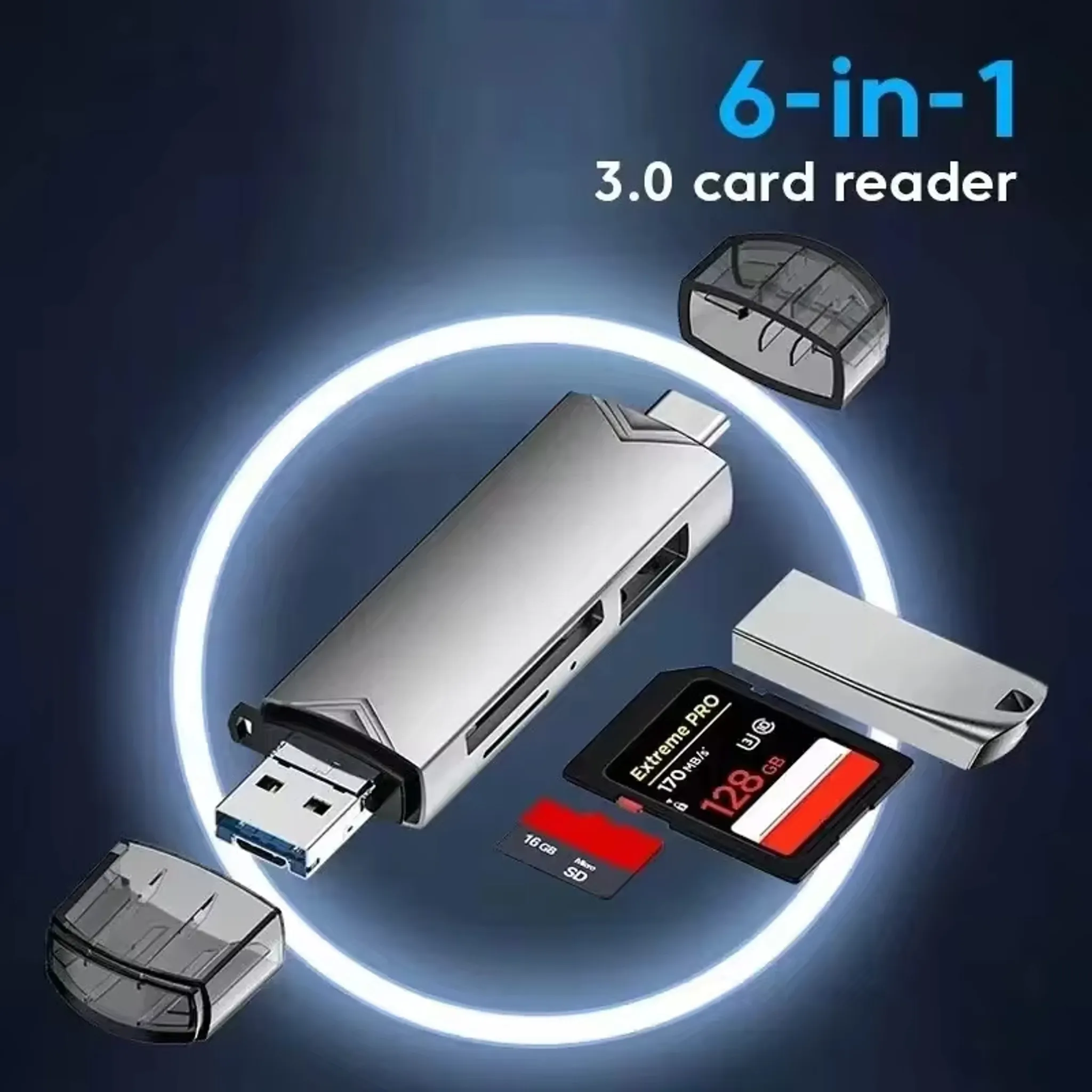 Ein silberner 6-in-1 USB 3.0 Kartenleser mit SD- und microSD-Karten.