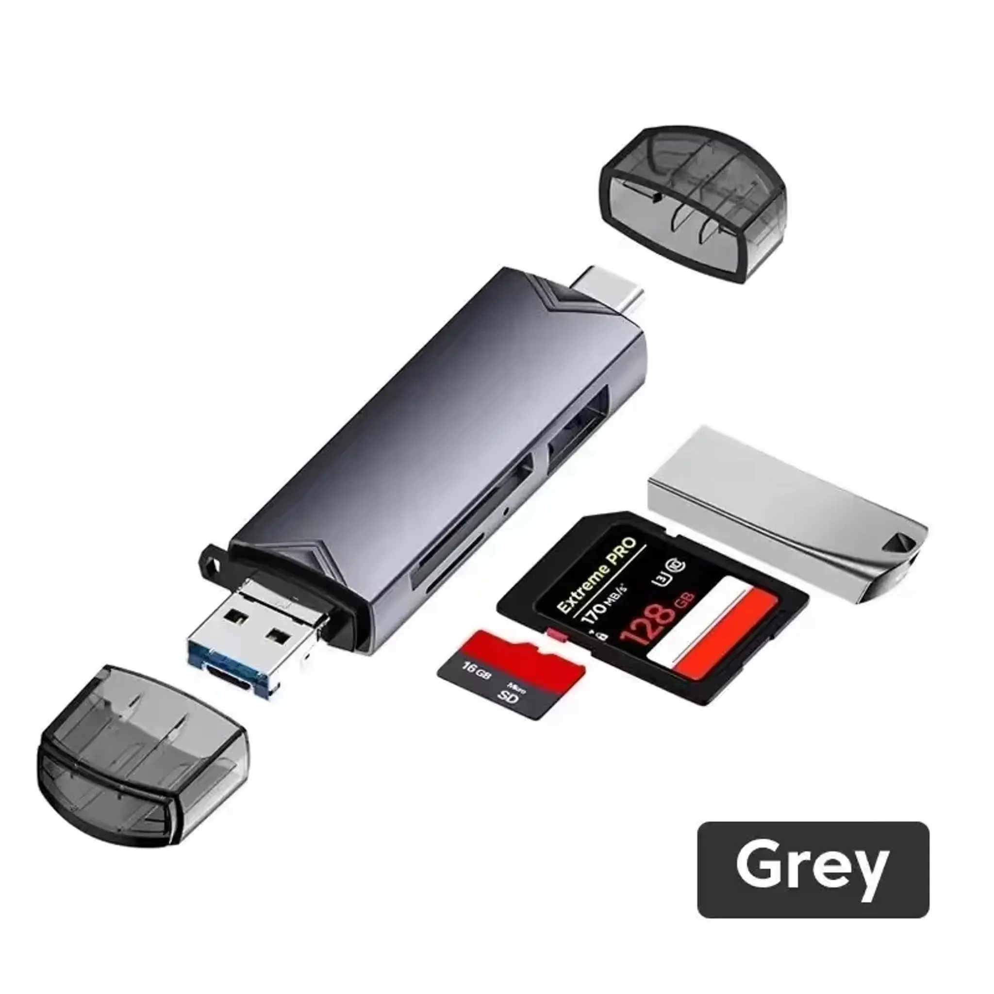 Ein grauer USB-C-Stick mit abnehmbaren Kappen, SD- und microSD-Karten.
