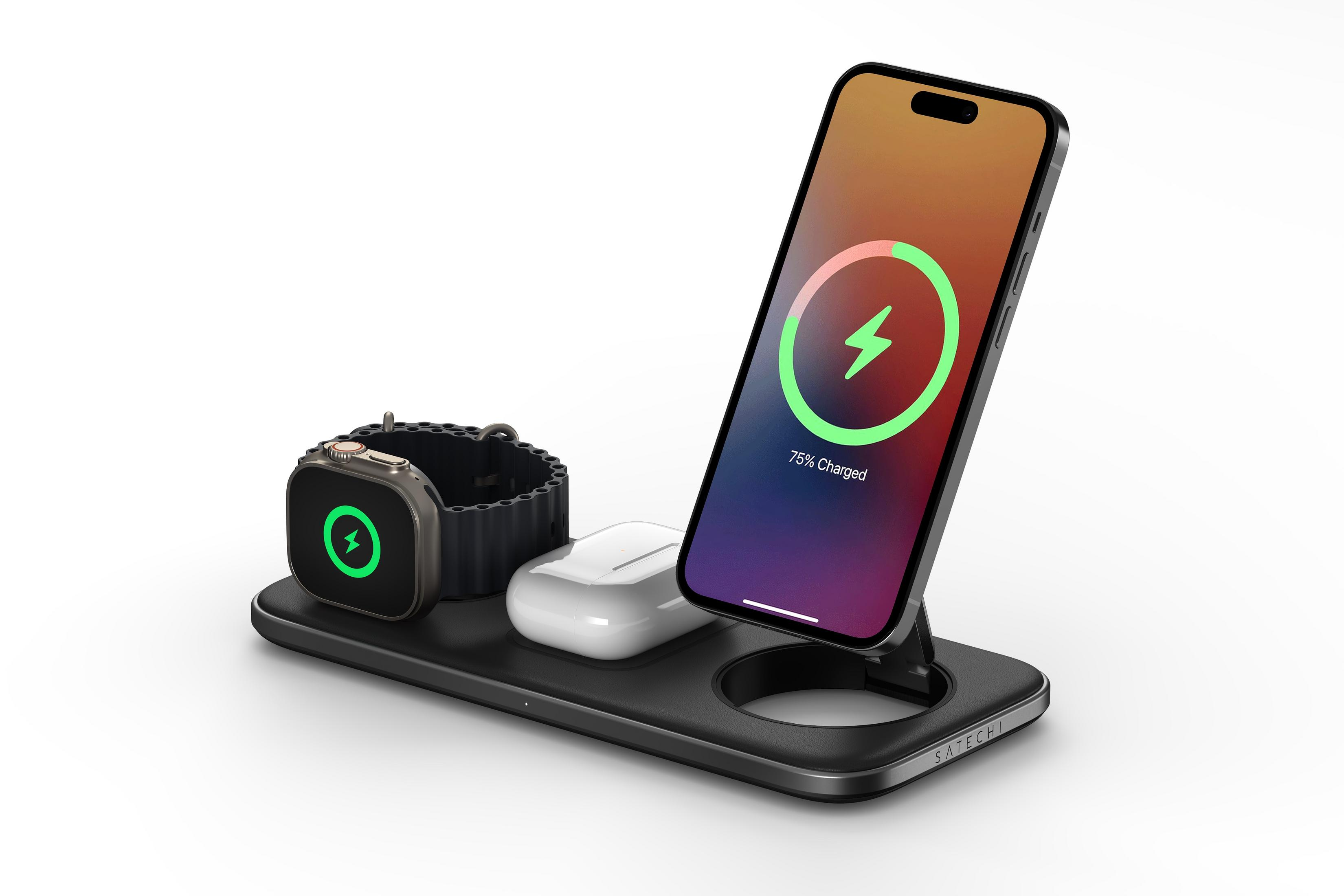 Ein schwarzes Ladegerät mit iPhone, AirPods und Apple Watch.