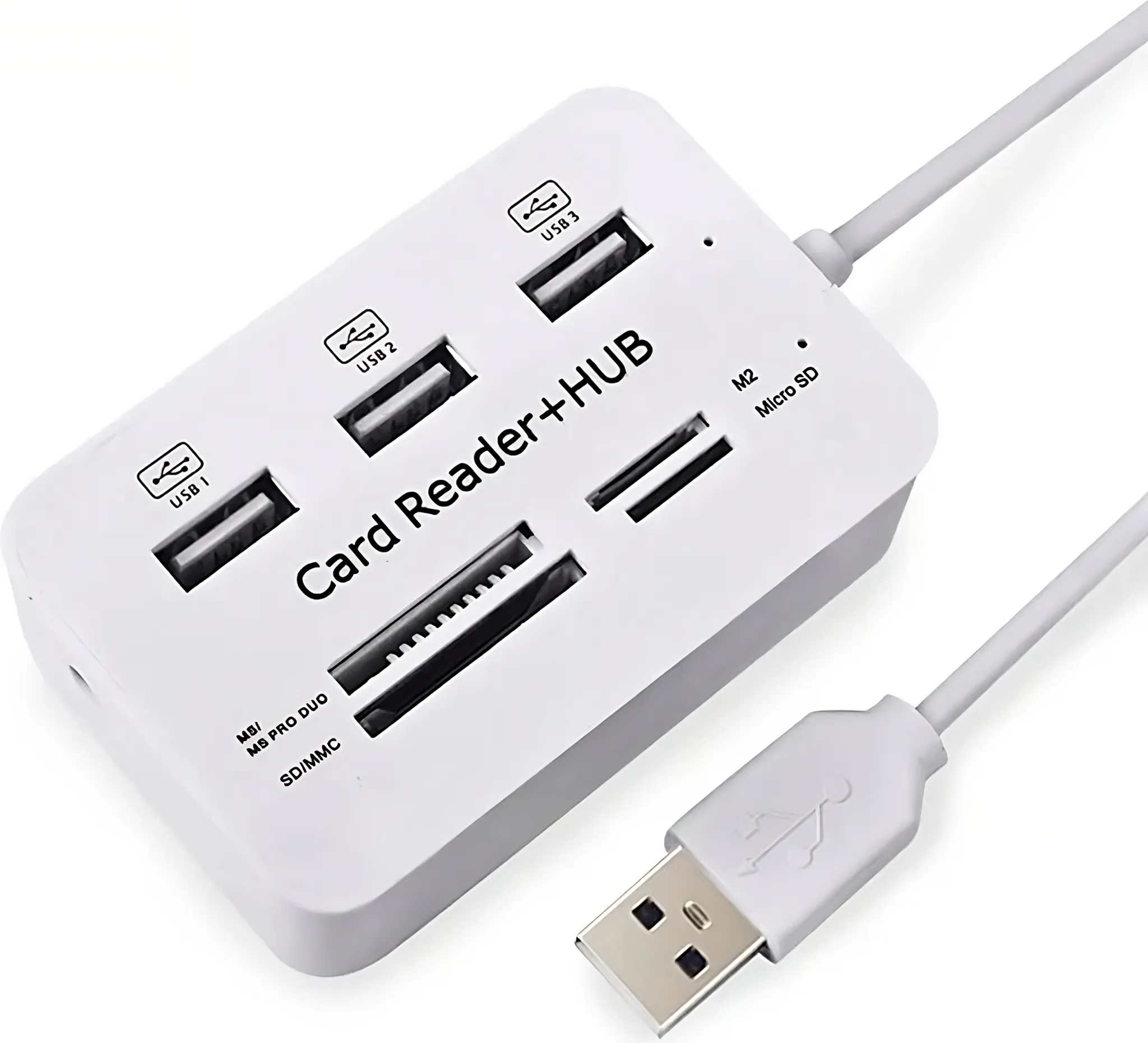 Ein weißer Kartenleser-Hub mit USB 1, 2, 3 Anschlüssen und SD/MMC-Schlitzen.