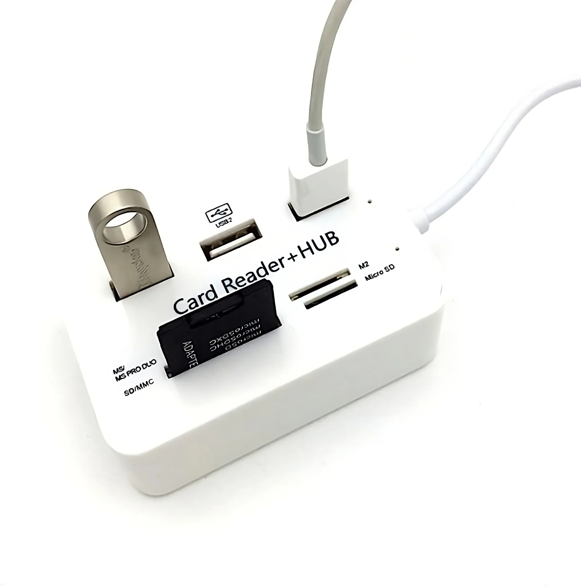 Ein weißer Kartenleser mit USB-Hub, an den ein USB-Stick, eine microSD-Karte und Kabel angeschlossen sind.