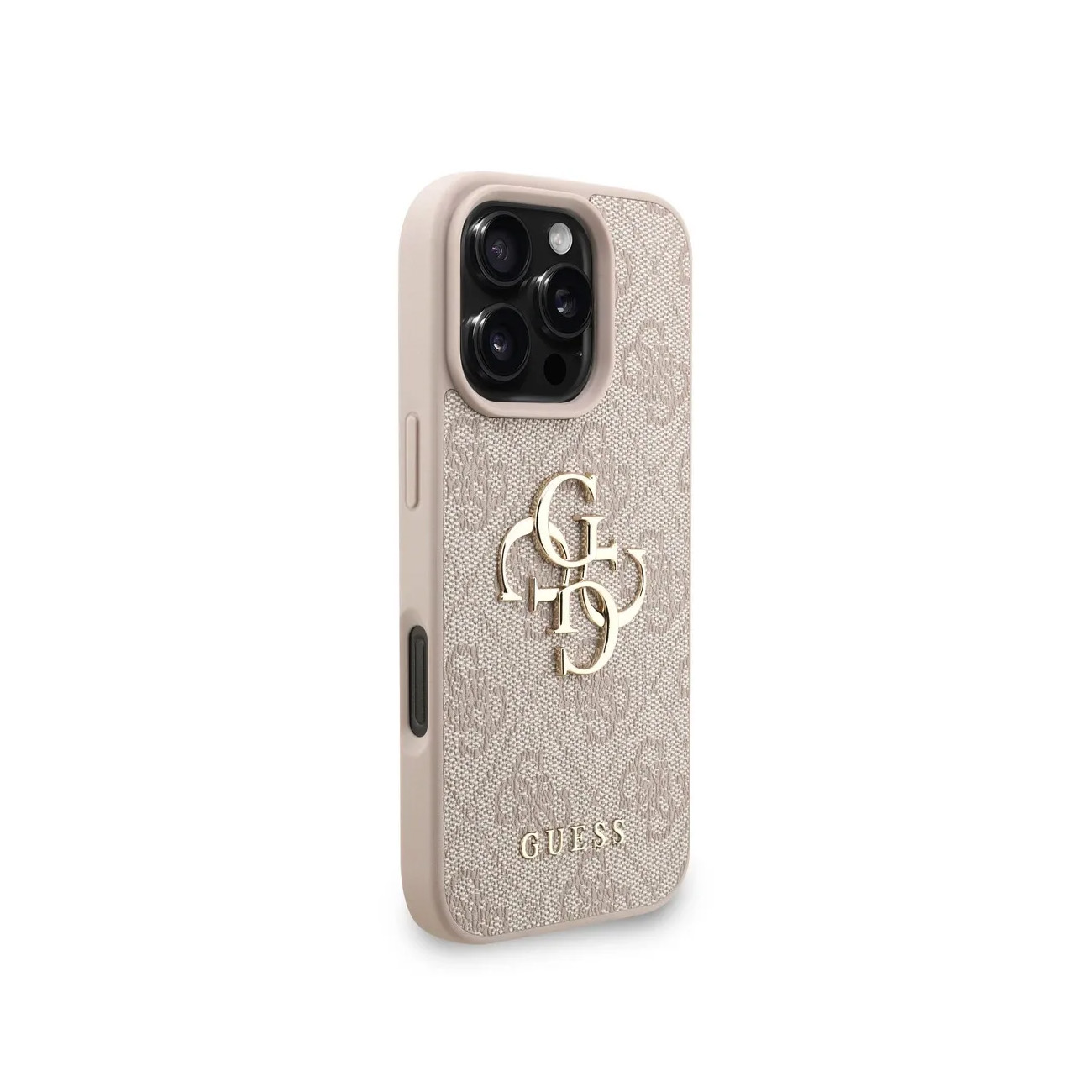 Una funda de teléfono beige con logo y estampado GUESS.