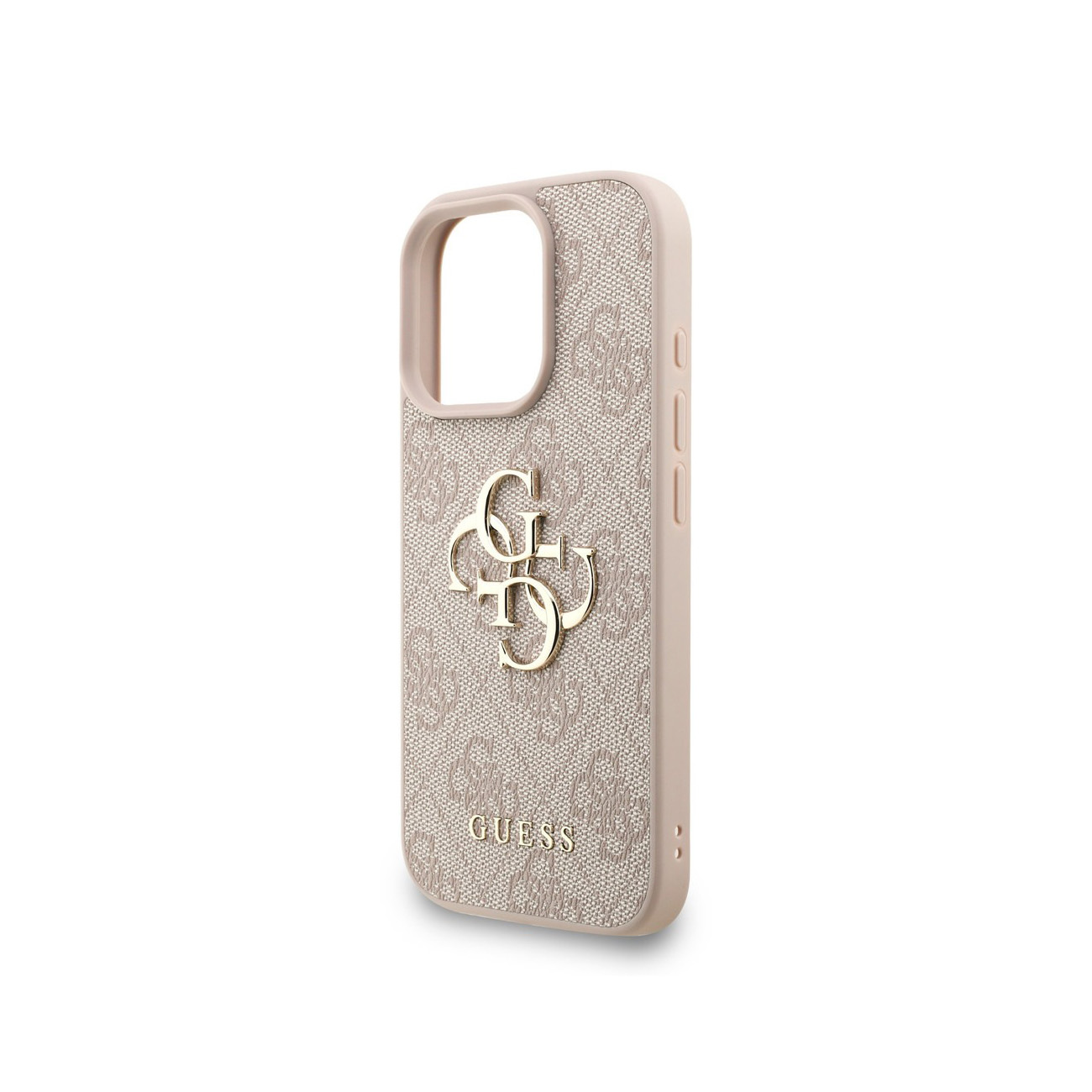 Una funda de teléfono beige con el logo y el nombre GUESS.