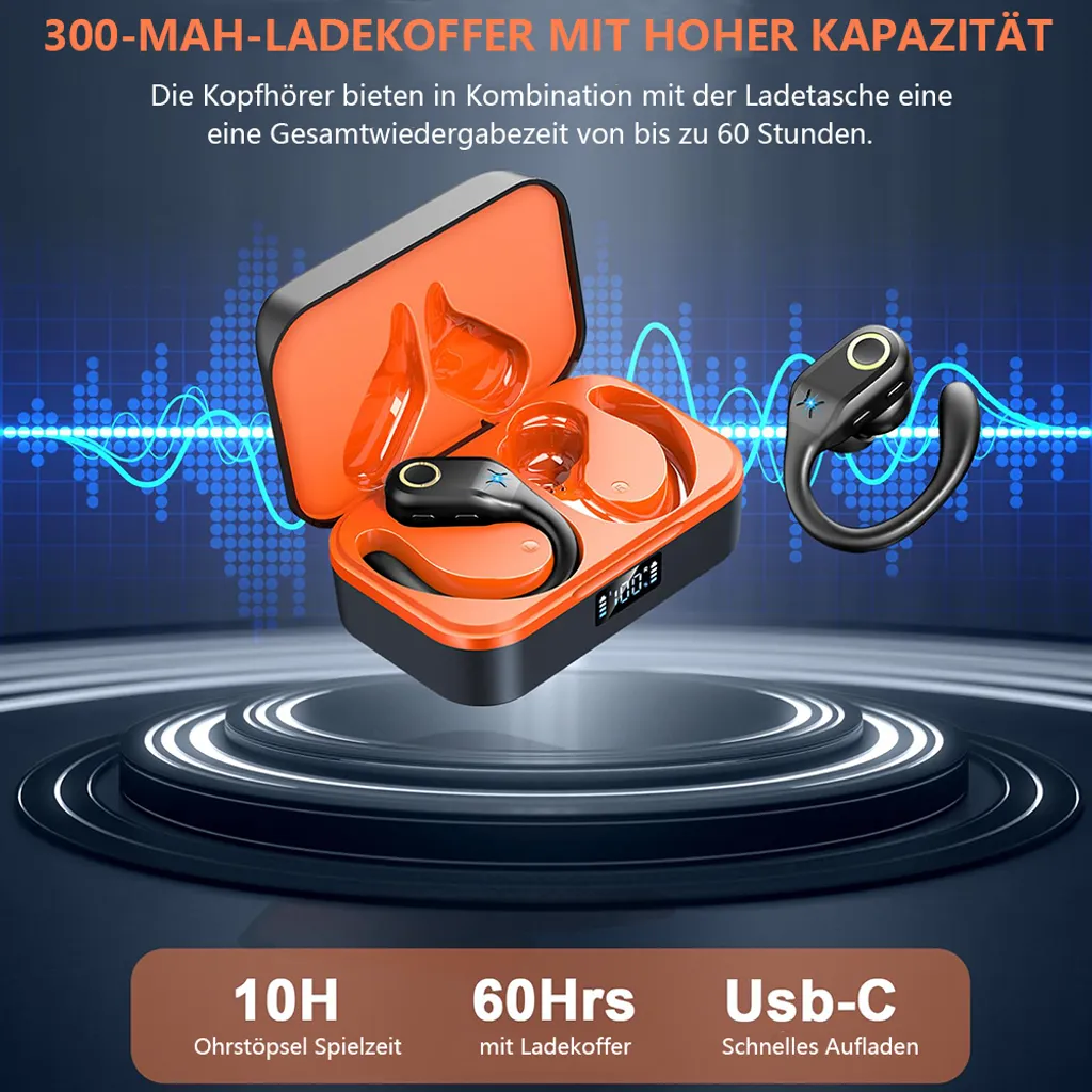 Orange und schwarze Kopfhörer in einer offenen Ladestation mit digitalem Display.