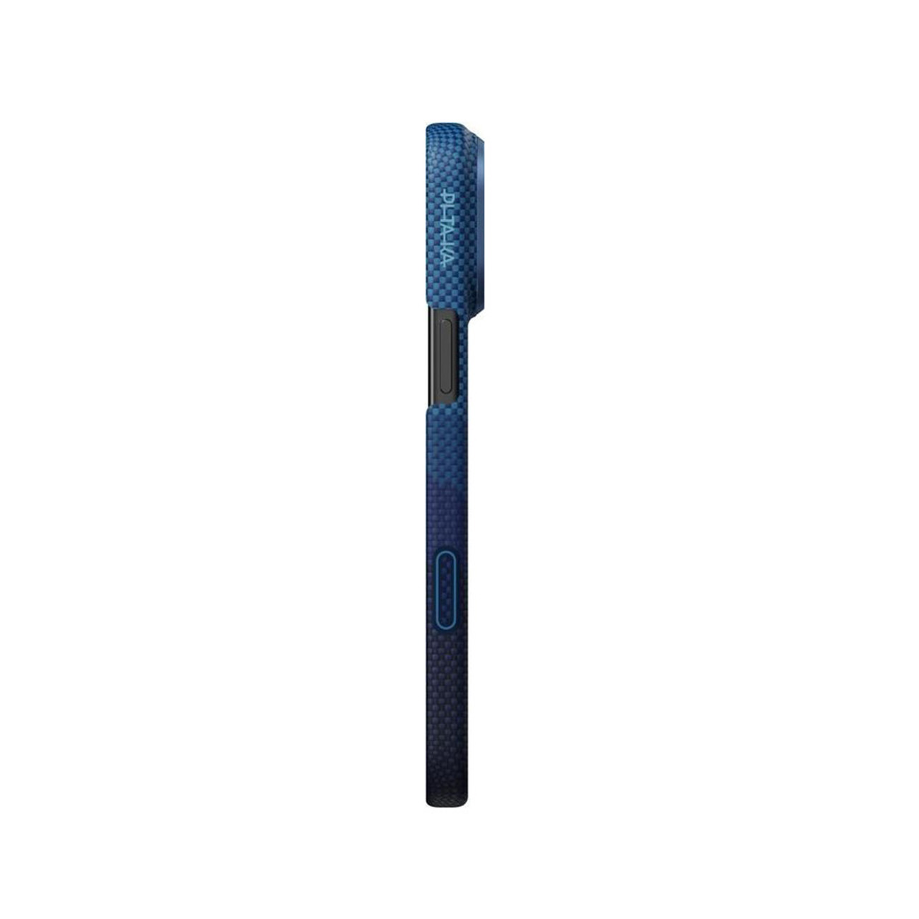 Vista laterale di una custodia blu per telefono con trama tessuta e logo.