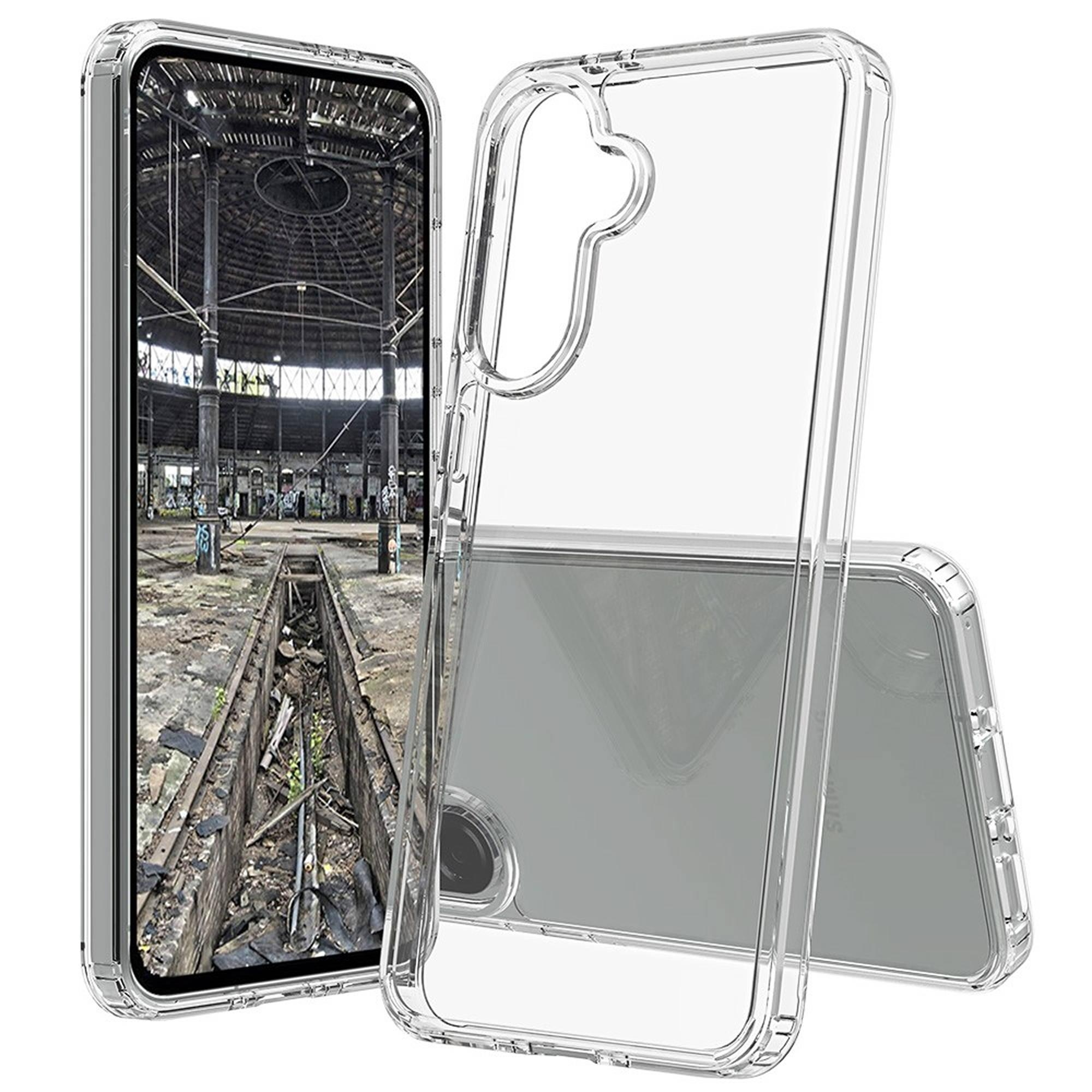 Transparente Hülle für ein Smartphone, das auf einem verlassenen Gelände steht.