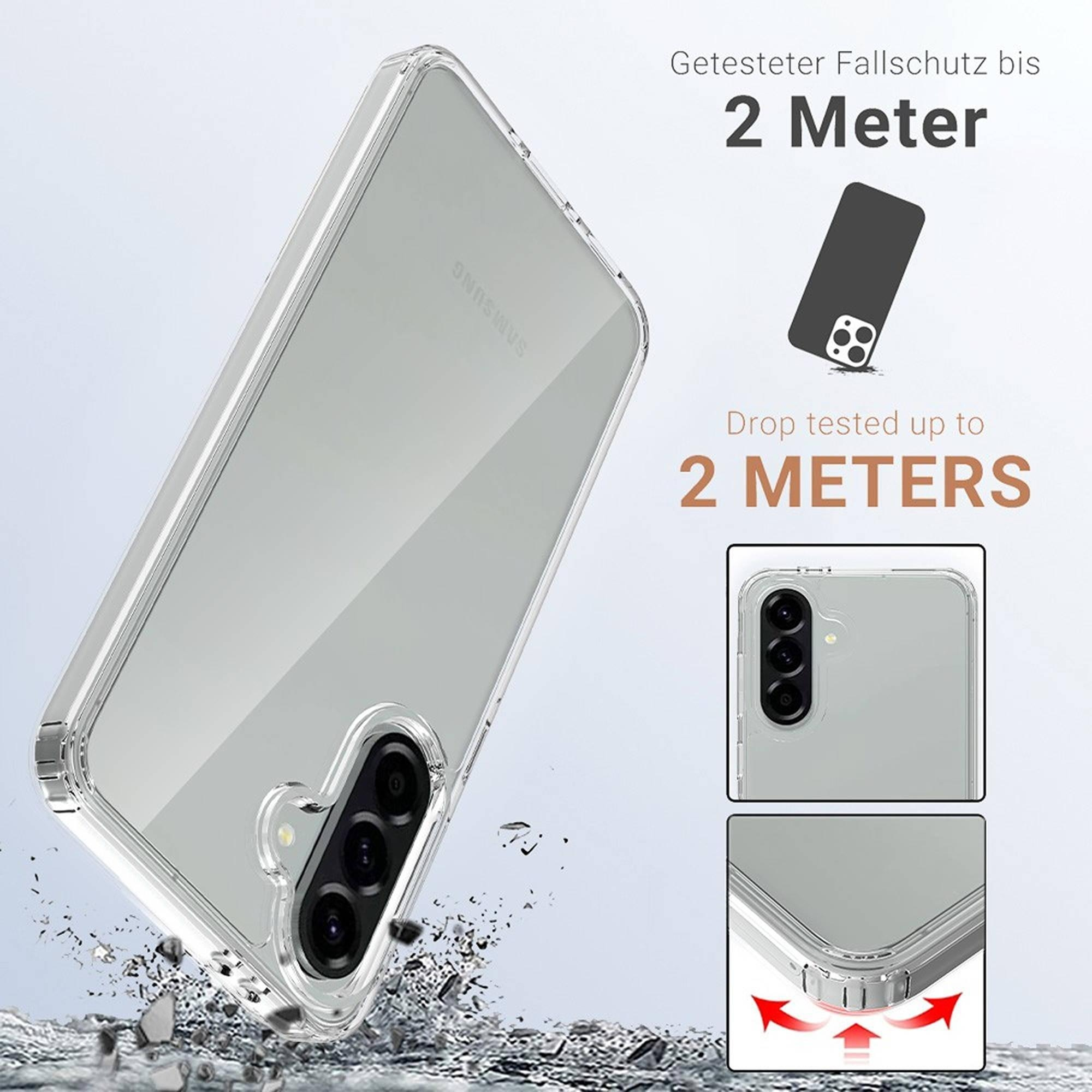 Transparente Hülle, getestet bis 2 Meter Fallschutz, zeigt Kamera und Ecken.
