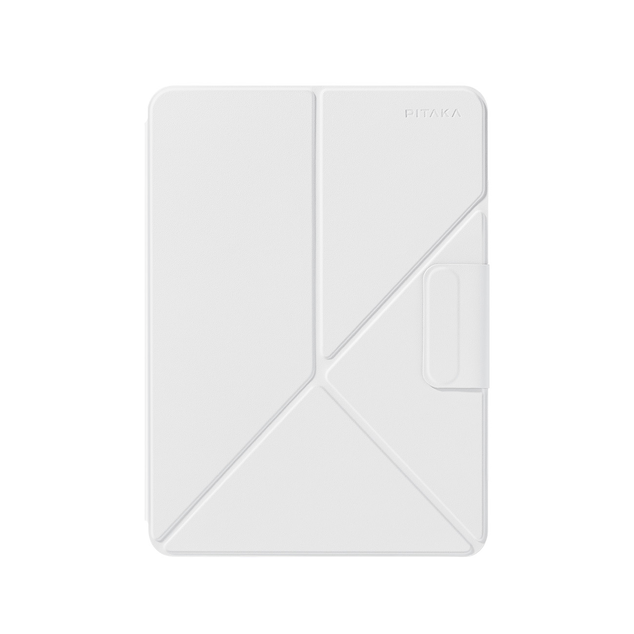 Funda protectora blanca con líneas plegadas y cierre de correa.