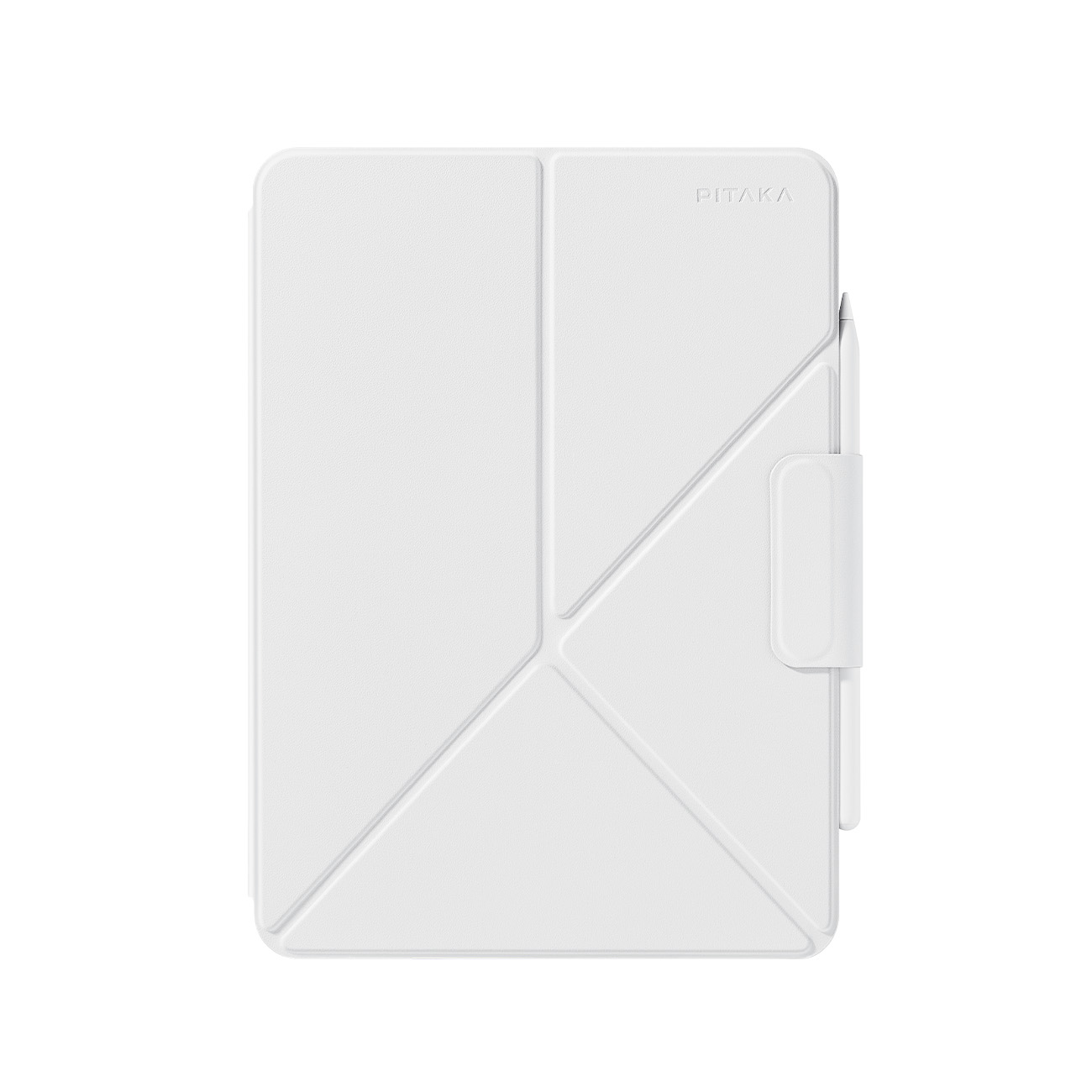 Una funda blanca para tableta con diseño geométrico y soporte para lápiz.