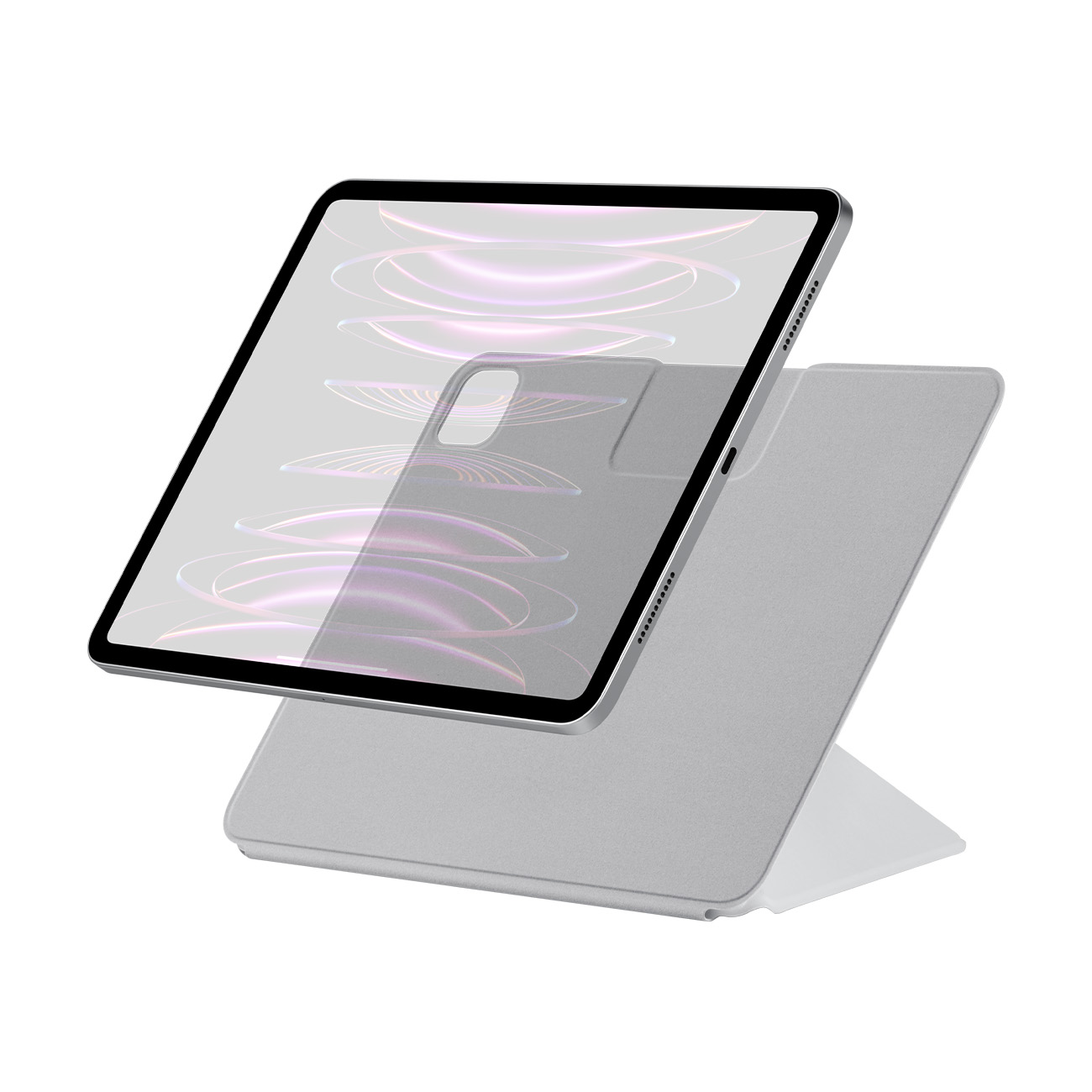 Una tableta plateada con funda, en ángulo sobre fondo blanco.