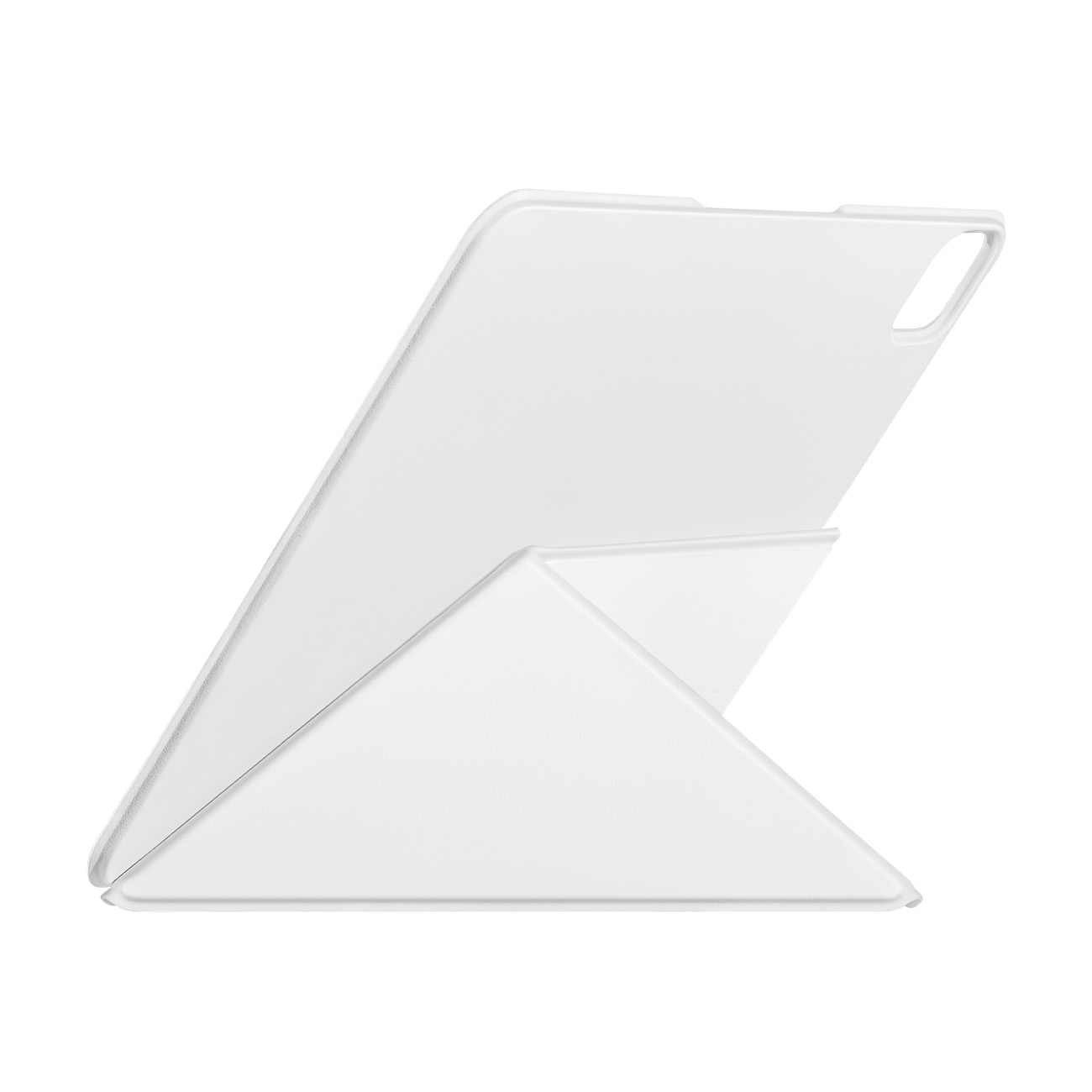 Una tableta blanca con una funda blanca plegada como soporte.