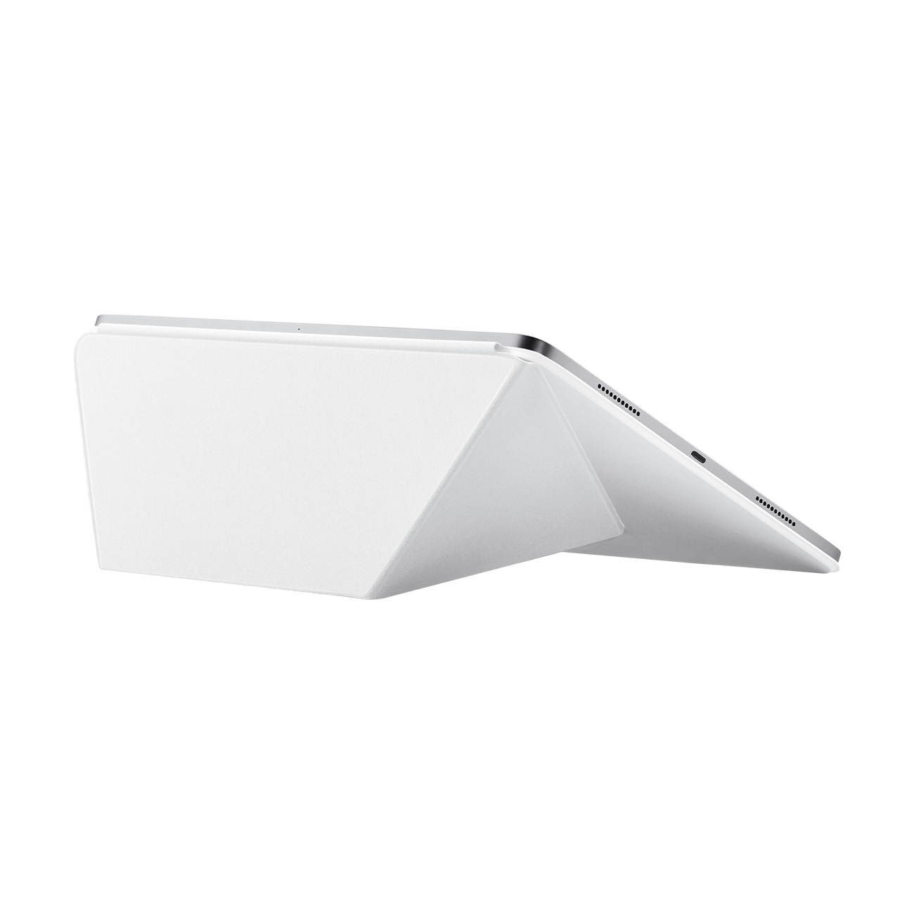 Una tableta blanca con borde plateado está apoyada por una funda blanca.
