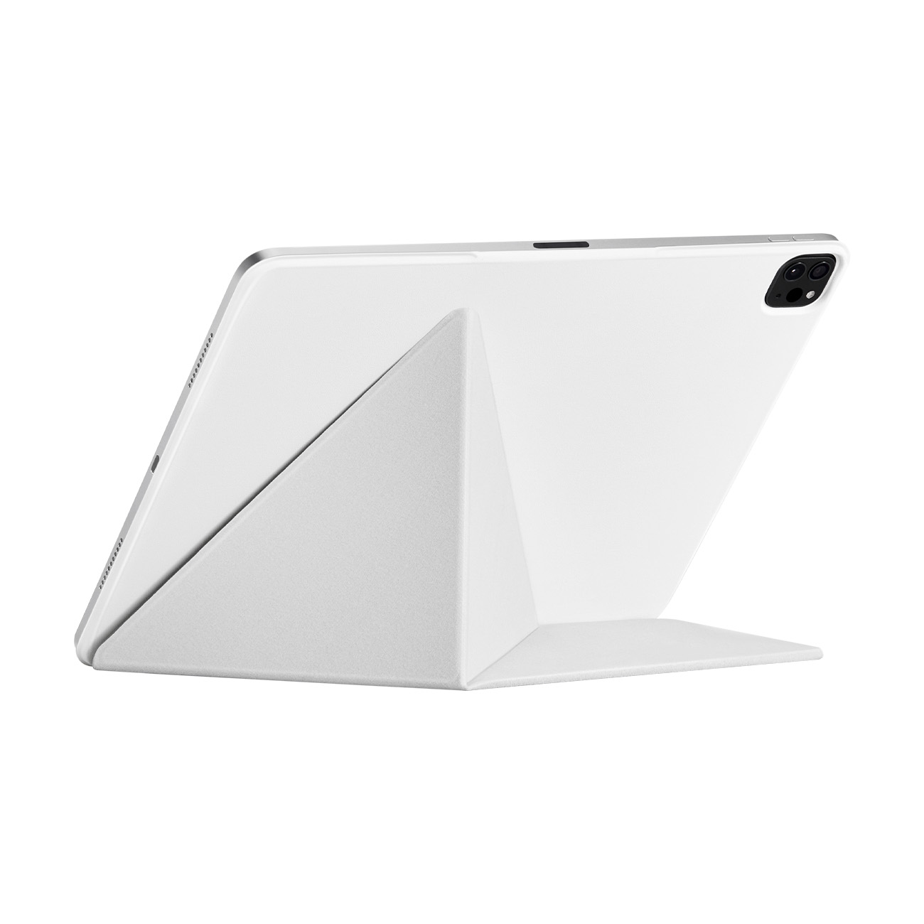 Una tableta blanca con funda plegada, de pie sobre fondo blanco.