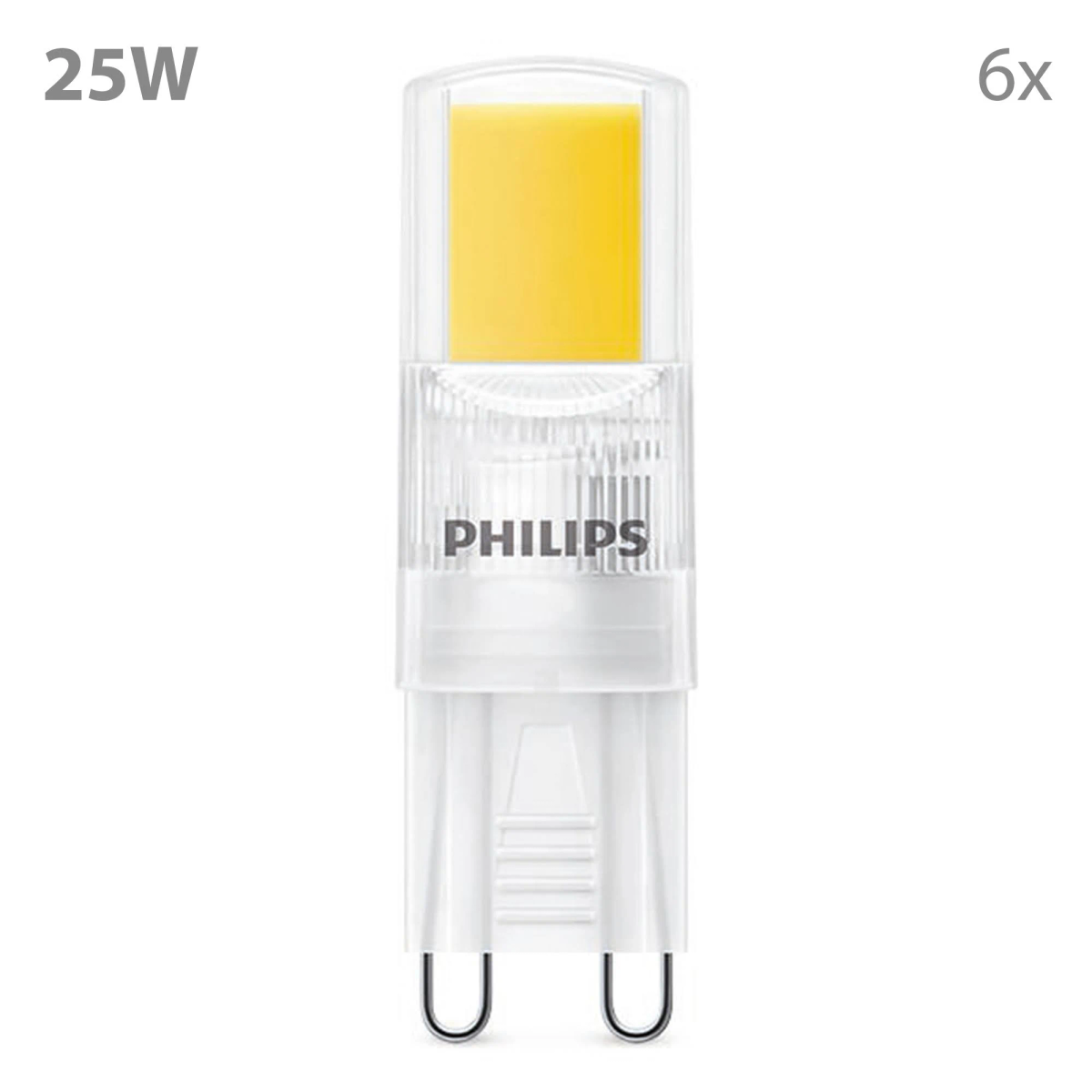 A white Philips LED bulb with a yellow light source and two U-shaped pins.