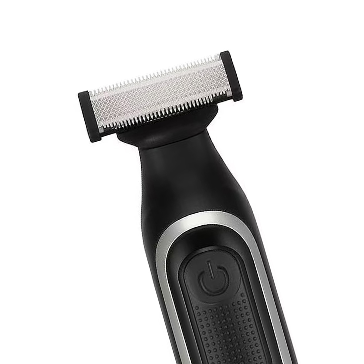 Nahaufnahme eines schwarzen Trimmers mit silbernem Ring und Power-Knopf.