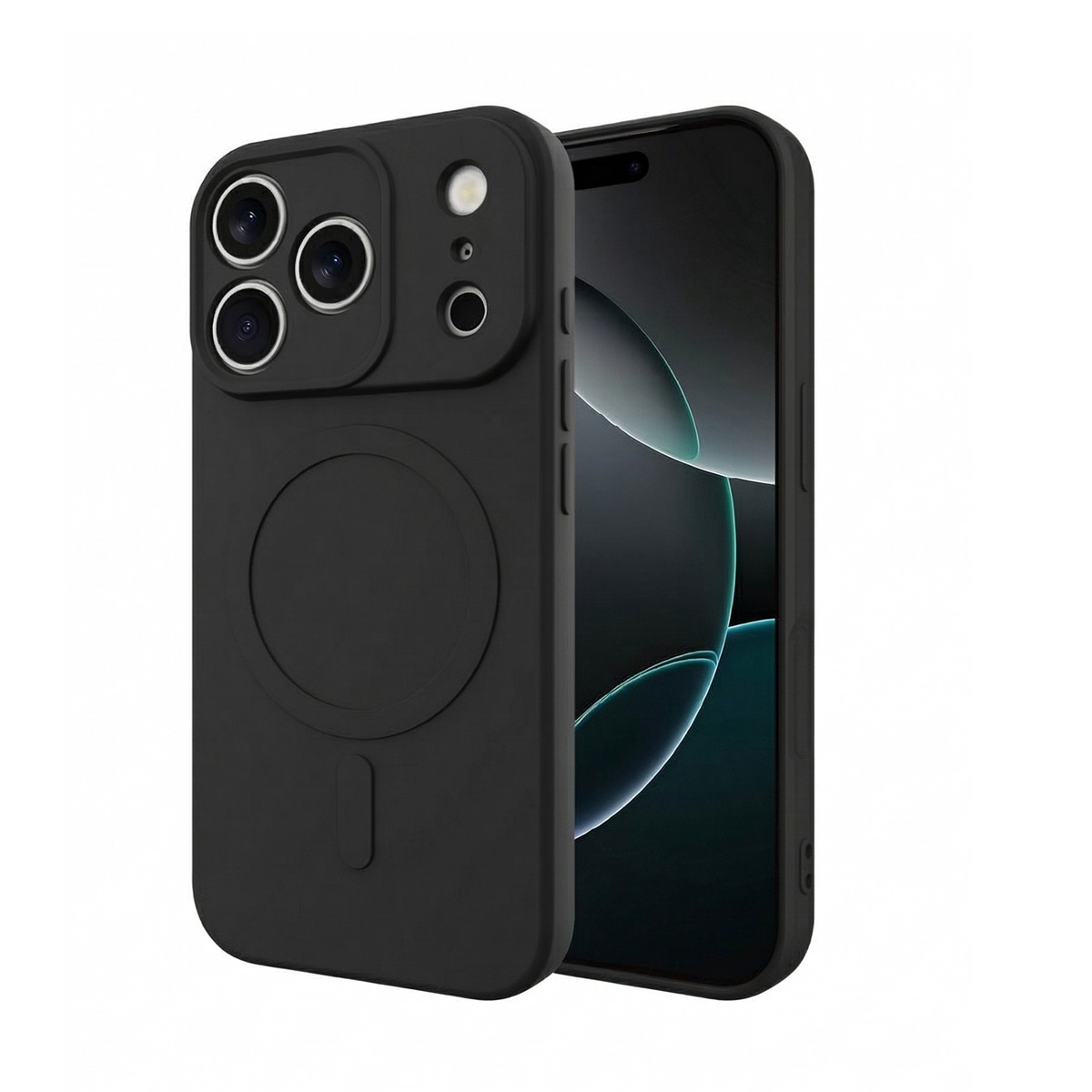 Schwarzes iPhone mit einer Kameraabdeckung und einem Kreisaufdruck.