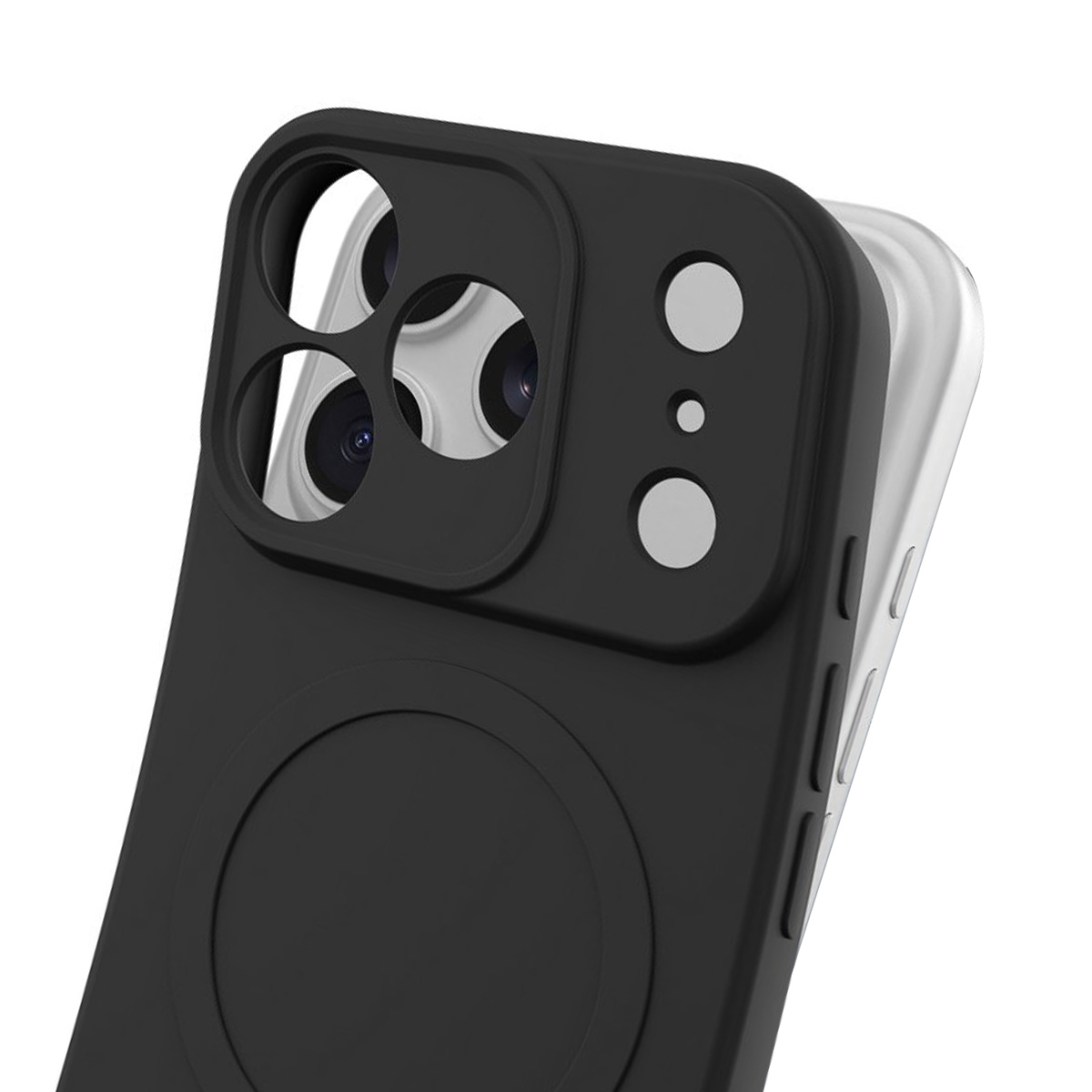 Schwarze Handyhülle mit dreifacher Kameraaussparung und Magnetring.