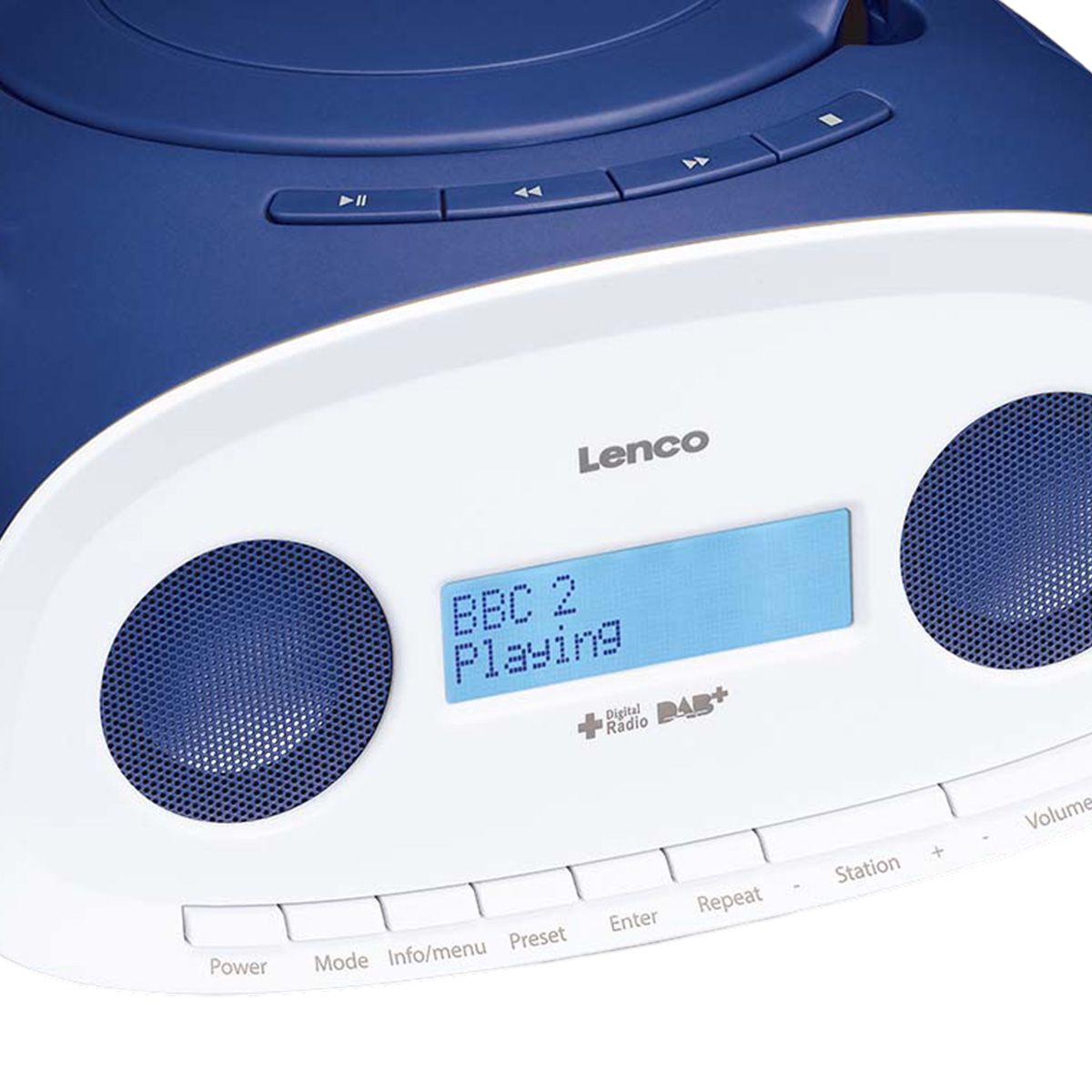 Ein blauer Lenco DAB+-Radio mit einem LCD-Bildschirm, der „BBC 2 Playing“ anzeigt.