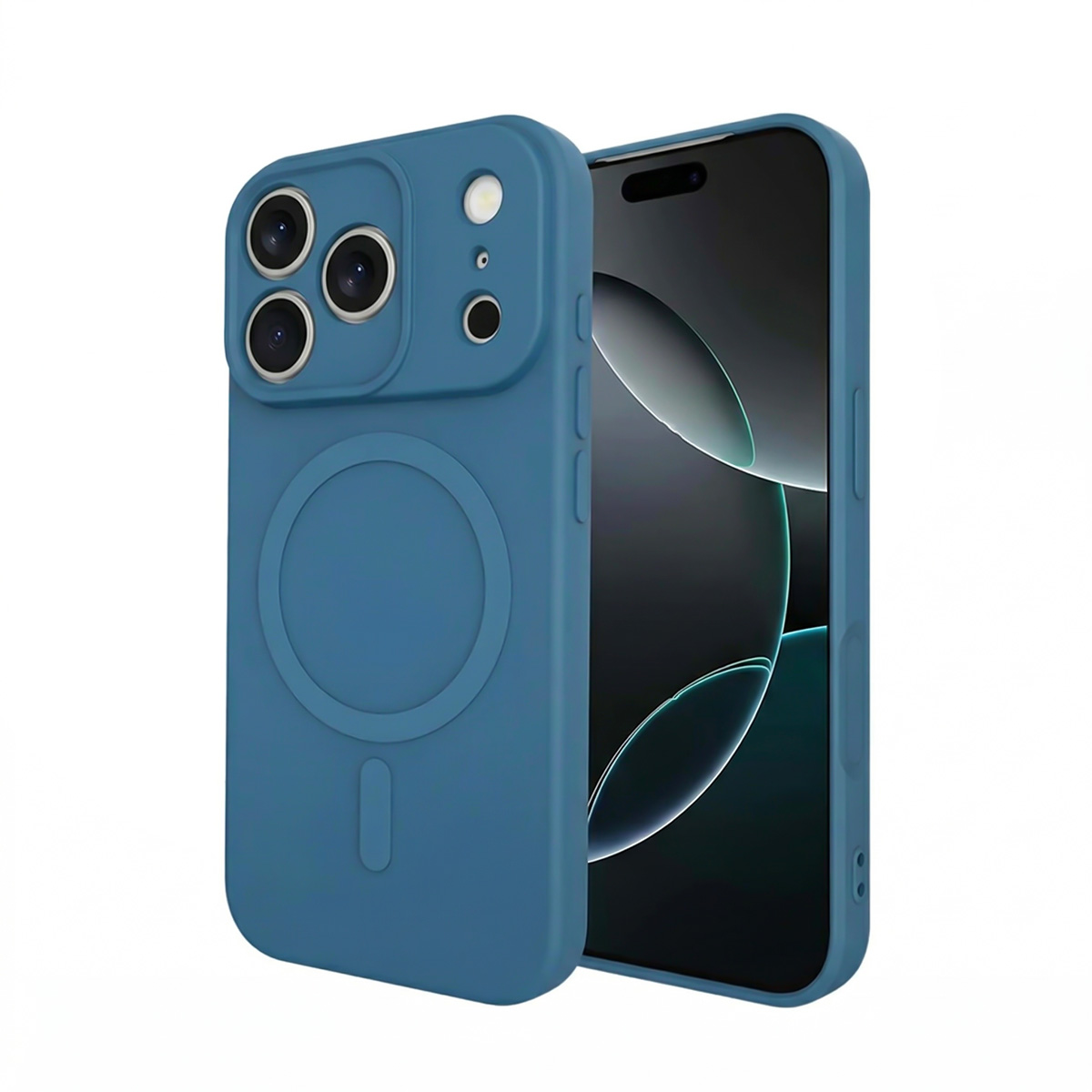 Eine blaue Handyhülle mit Kameraaussparungen und einem runden Magneten wird neben einem Smartphone gezeigt.
