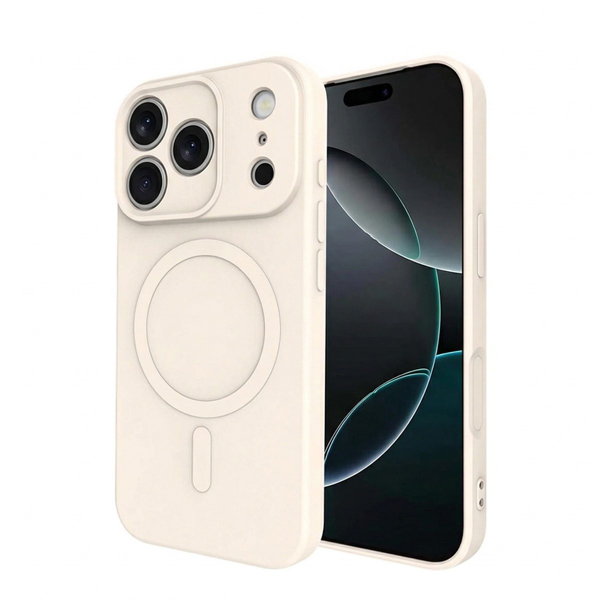Ein hellbeiges iPhone-Case mit Magnetring und dreifacher Kamera.