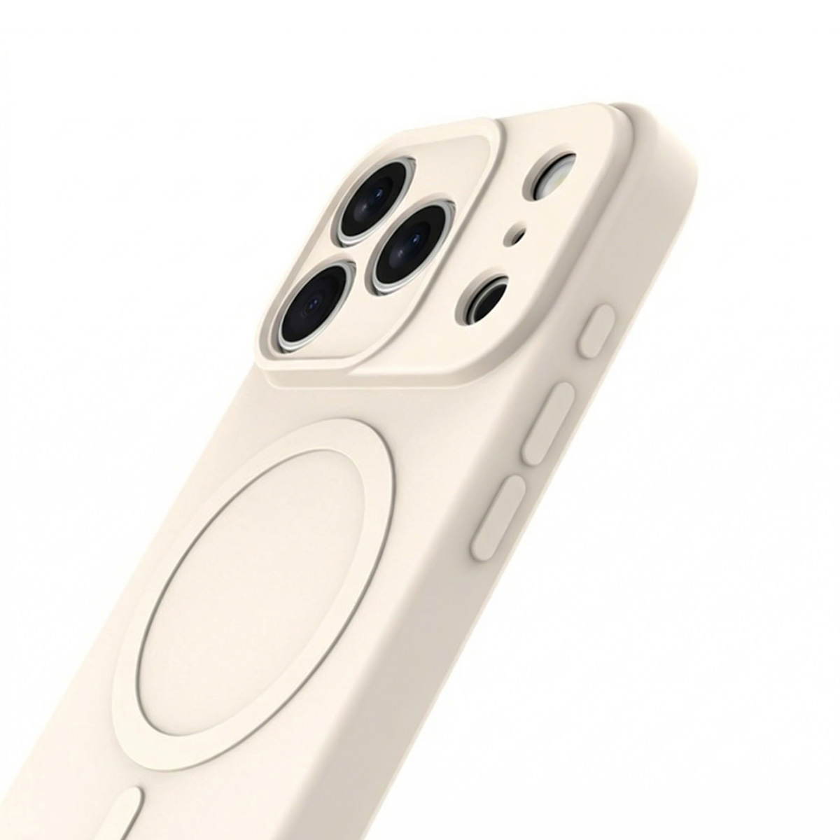 Eine cremefarbene iPhone-Hülle mit Kamerabump und rundem MagSafe-Magnet.
