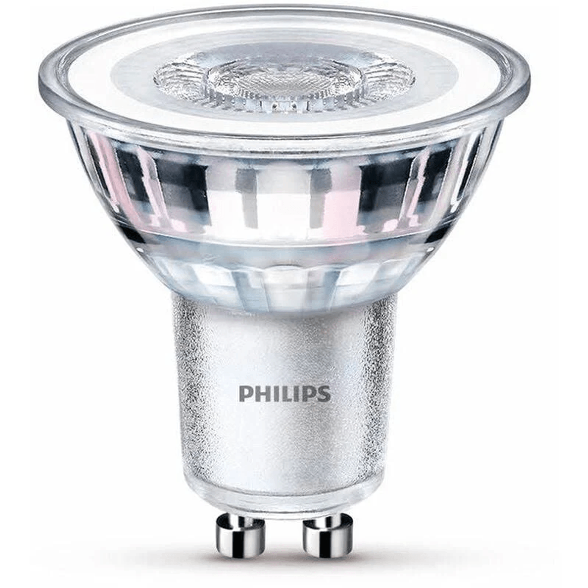A clear Philips LED GU10 spotlight bulb with a silver base and two pins.