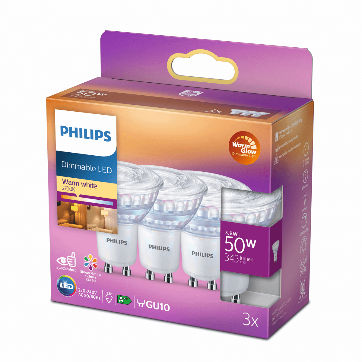 Box of three Philips GU10 LED bulbs, dimmable, warm white 2700K.