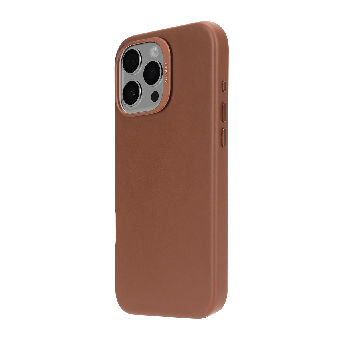 Coque de téléphone marron avec triple objectif et inscription "DECODED".