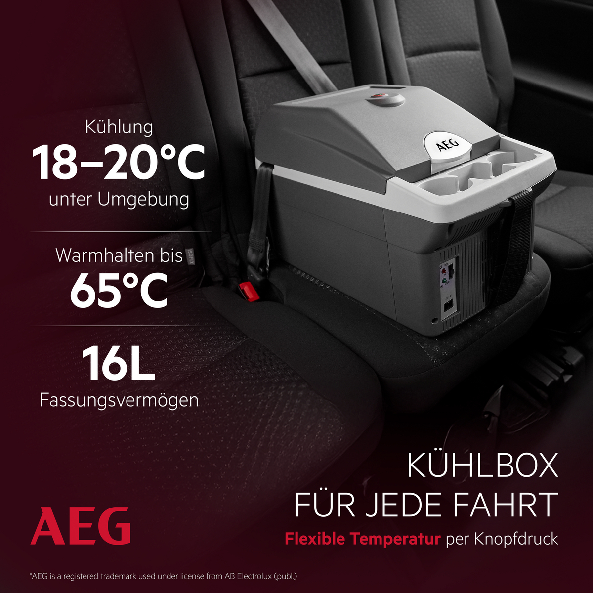 Box frigo AEG su sedile auto, raffredda a 18-20°C, scalda a 65°C, capacità 16L.