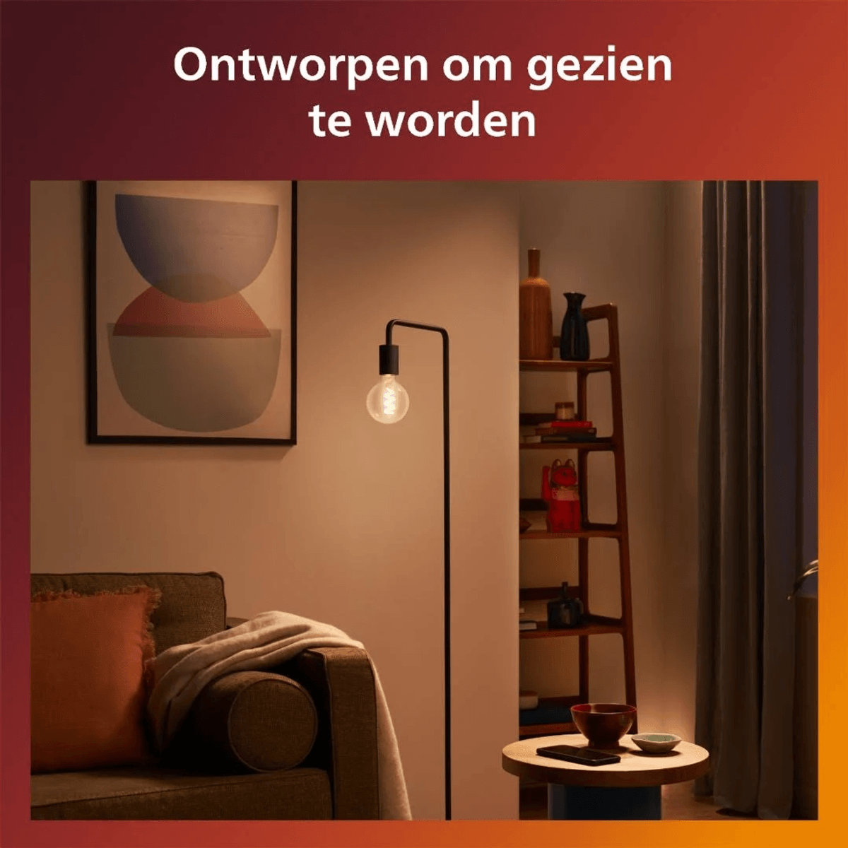 A living room with a sofa, floor lamp, shelf, and wall art. Warm lighting.