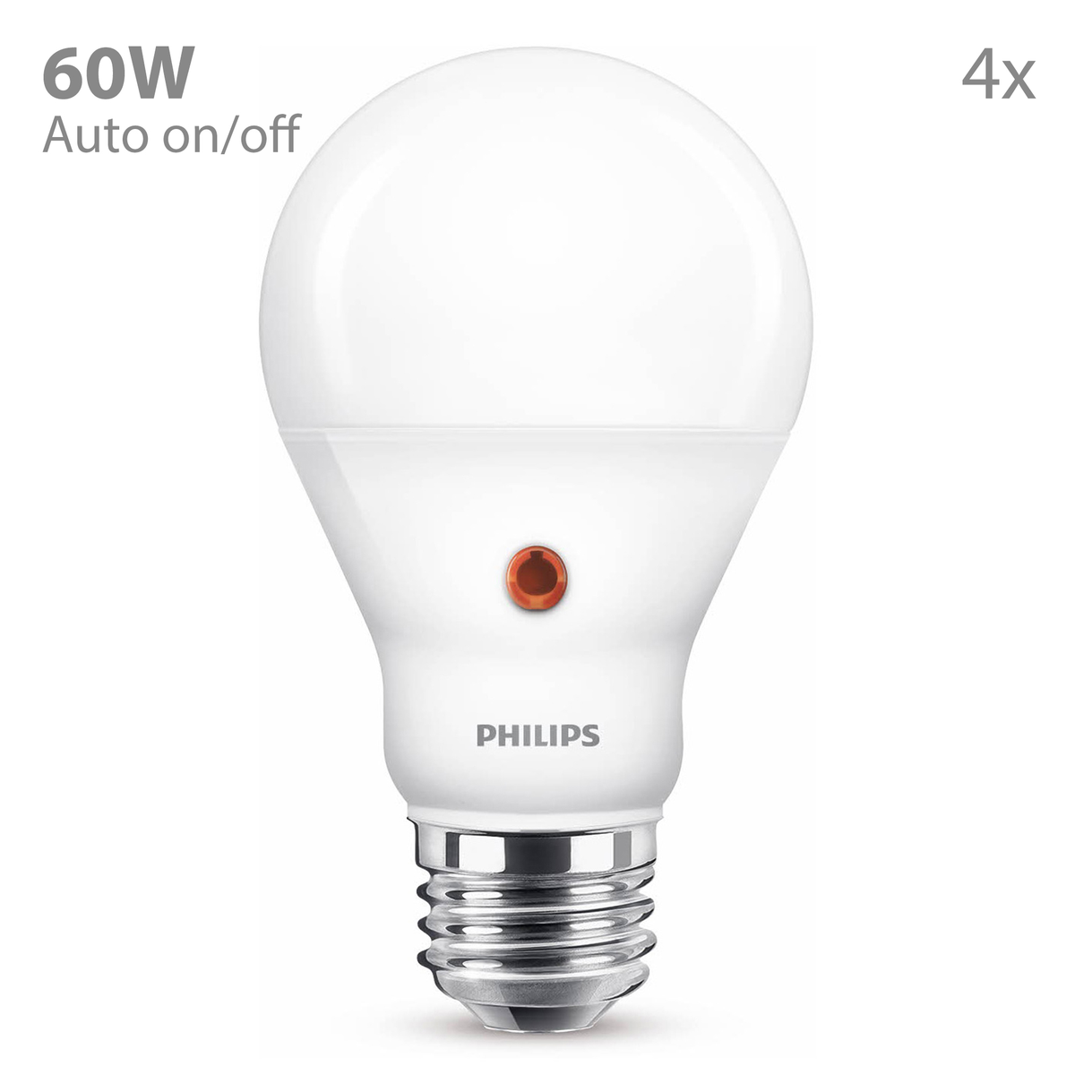 White Philips LED bulb with orange sensor, 60W, auto on/off, pack of 4.