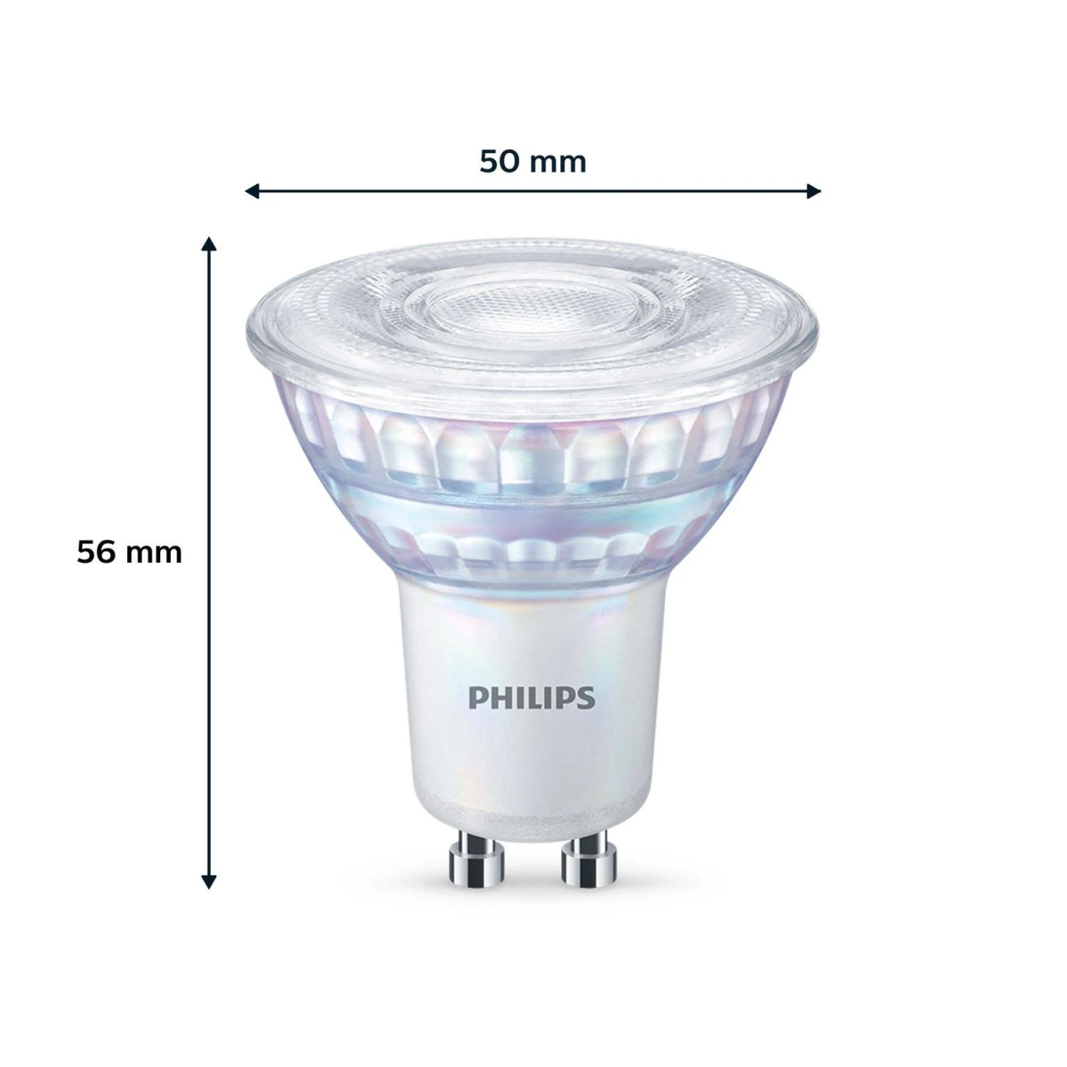 Witte Philips GU10 LED lamp, 50mm breed, 56mm hoog.