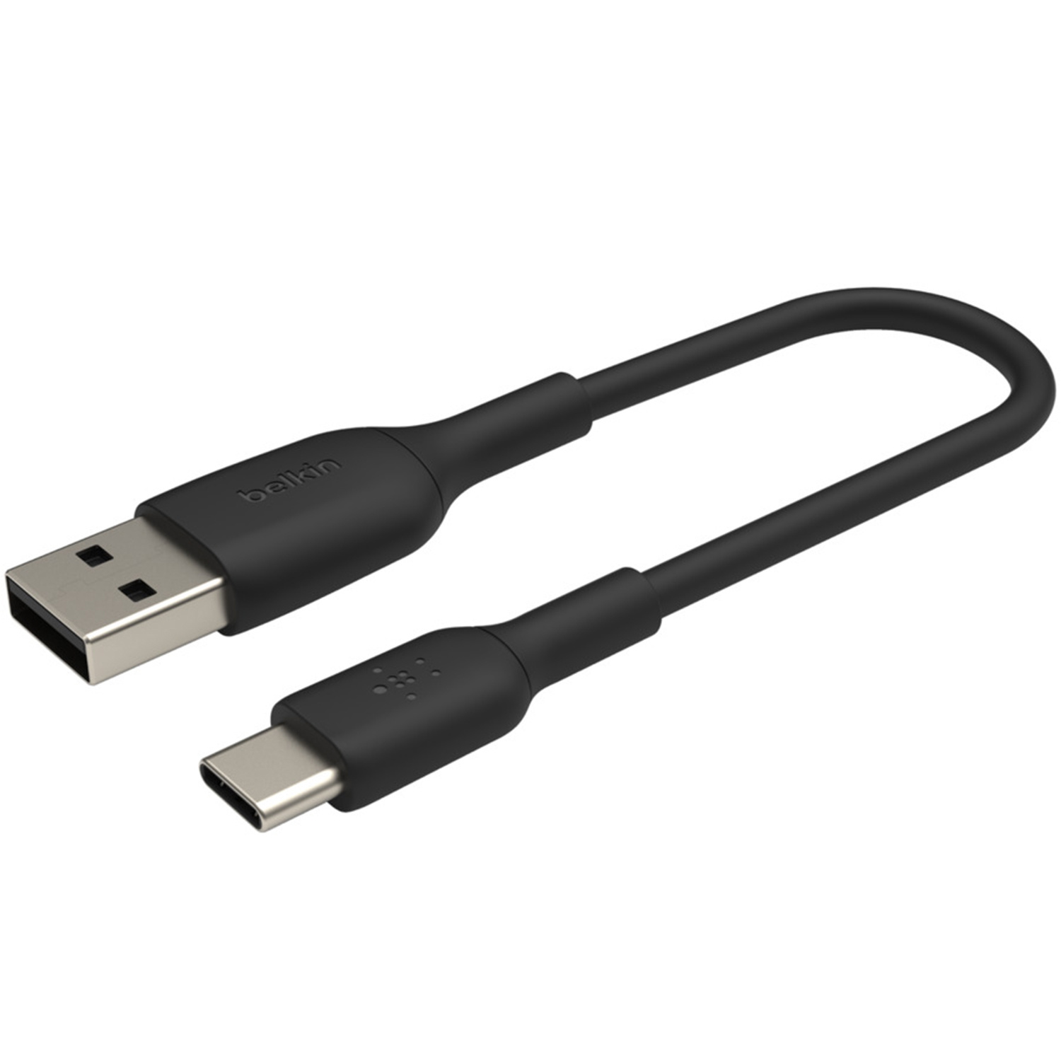 Zwarte USB-A naar USB-C kabel met Belkin logo op USB-C connector.