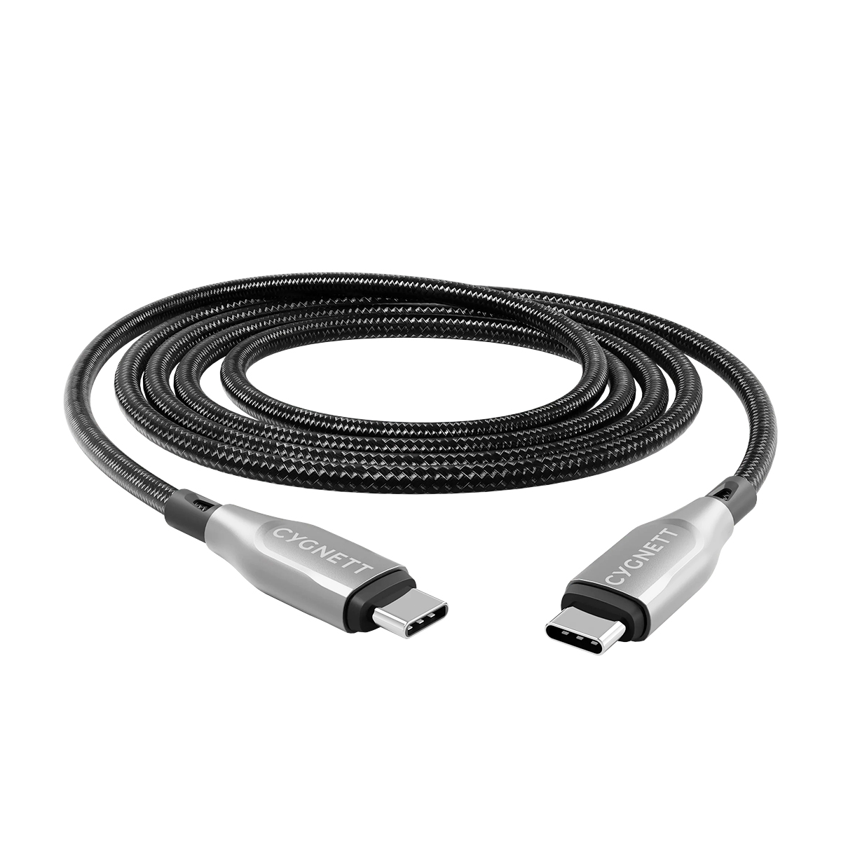 Un cavo USB-C nero arrotolato con estremità argentate, etichettato CYGNETT.